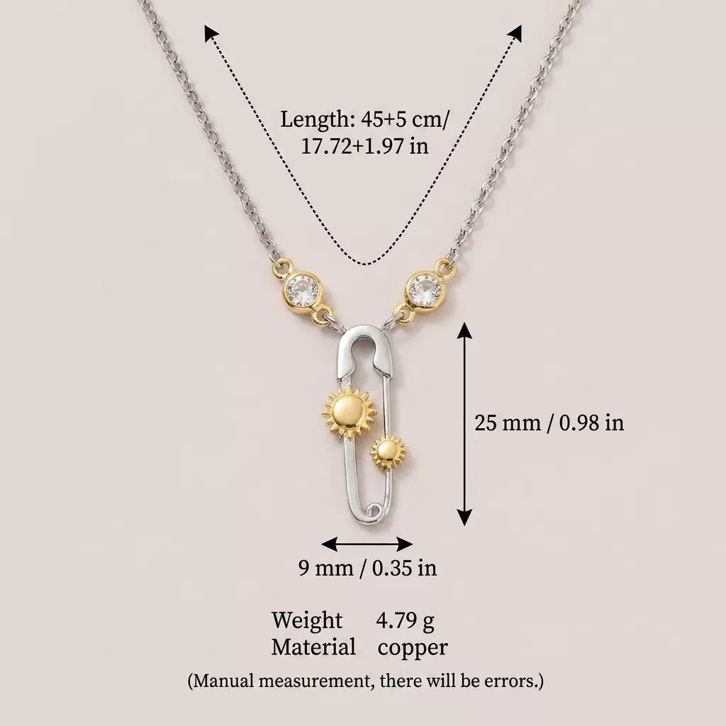 Sun Moon Star Zircon Safety Pin Pendant Necklace,18K Gold Plated Stainless Steel Minimalist Women Necklace