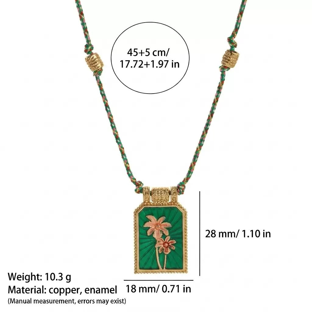 Sacred Heart Tarot Square Pendant Colorful Cord Gold‑Plated Enamel Necklace
