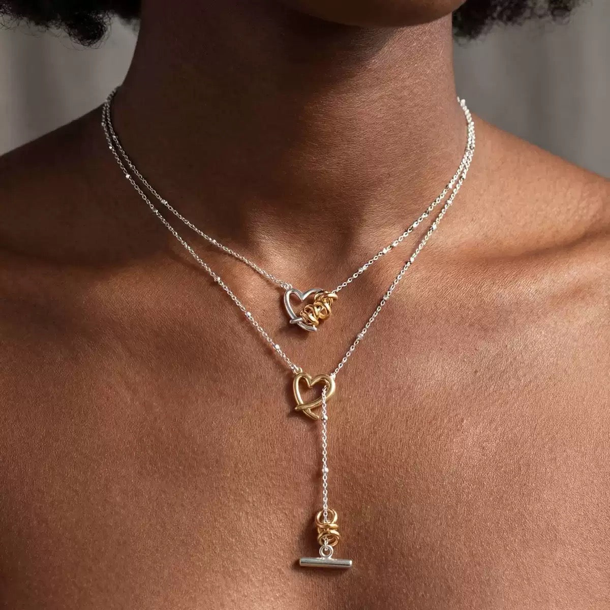 Two‑Tone Heart Wrap OT Toggle Clasp Necklace,18K Gold Plated Stainless Steel Double Layer Choker for Women