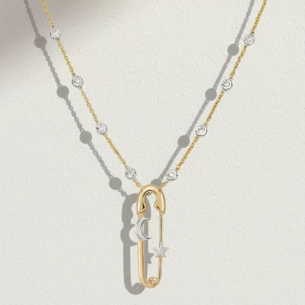 Sun Moon Star Zircon Safety Pin Pendant Necklace,18K Gold Plated Stainless Steel Minimalist Women Necklace