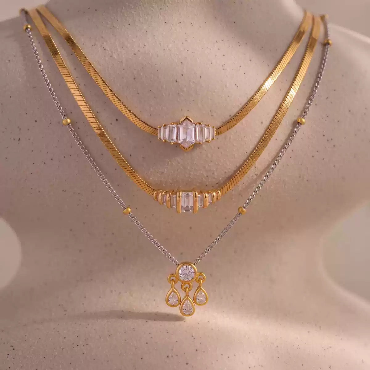 Triple Round Zirconia Tassel Color-Block Necklace