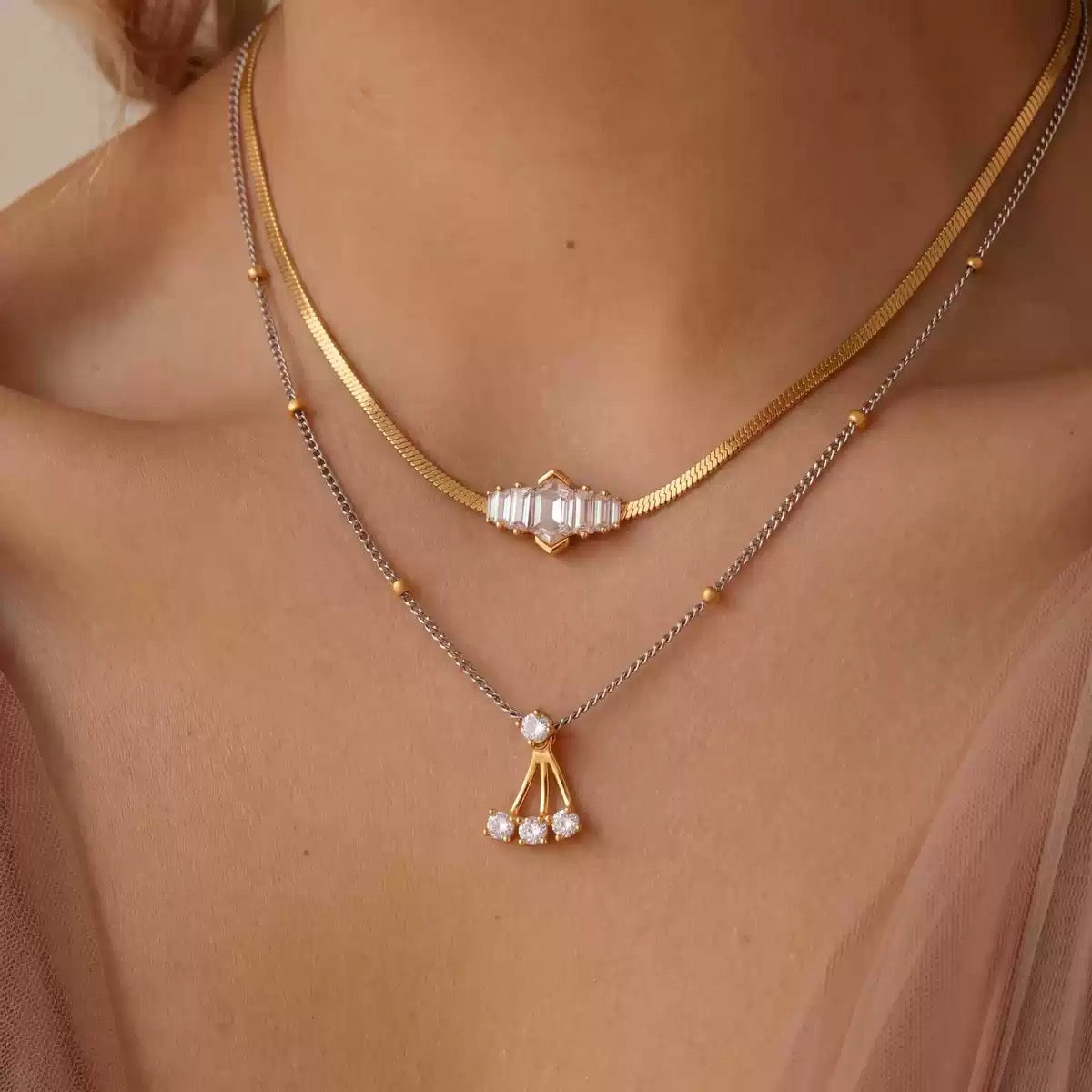 Triple Round Zirconia Tassel Color-Block Necklace