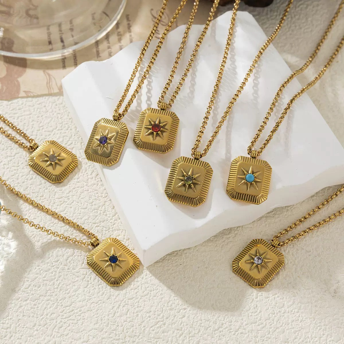 18K Gold Plated Titanium Steel Eight-Pointed Star Birthstone Necklace – Sun Moon Stars DIY Pendant