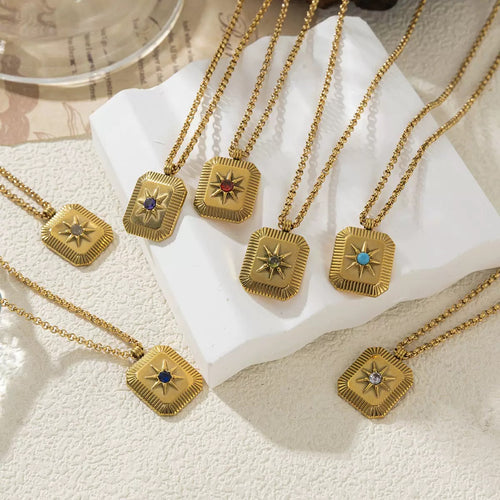 18K Gold Plated Titanium Steel Eight-Pointed Star Birthstone Necklace – Sun Moon Stars DIY Pendant