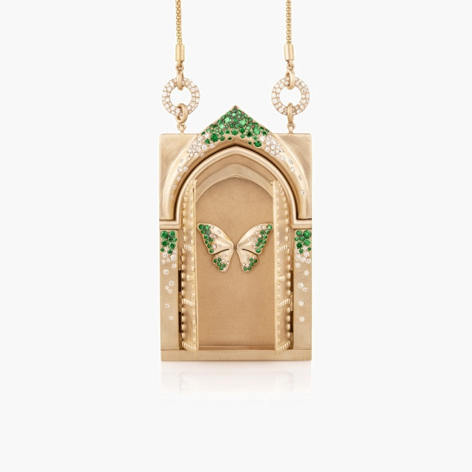 Vintage Tarot Openable Necklace – Butterfly Rebirth Crystal Pendant, Heavy Gold Plated | Green Butterfly, Blue Butterfly, Gate of Self-Love, Gate of Fortune & Gate of Rebirth