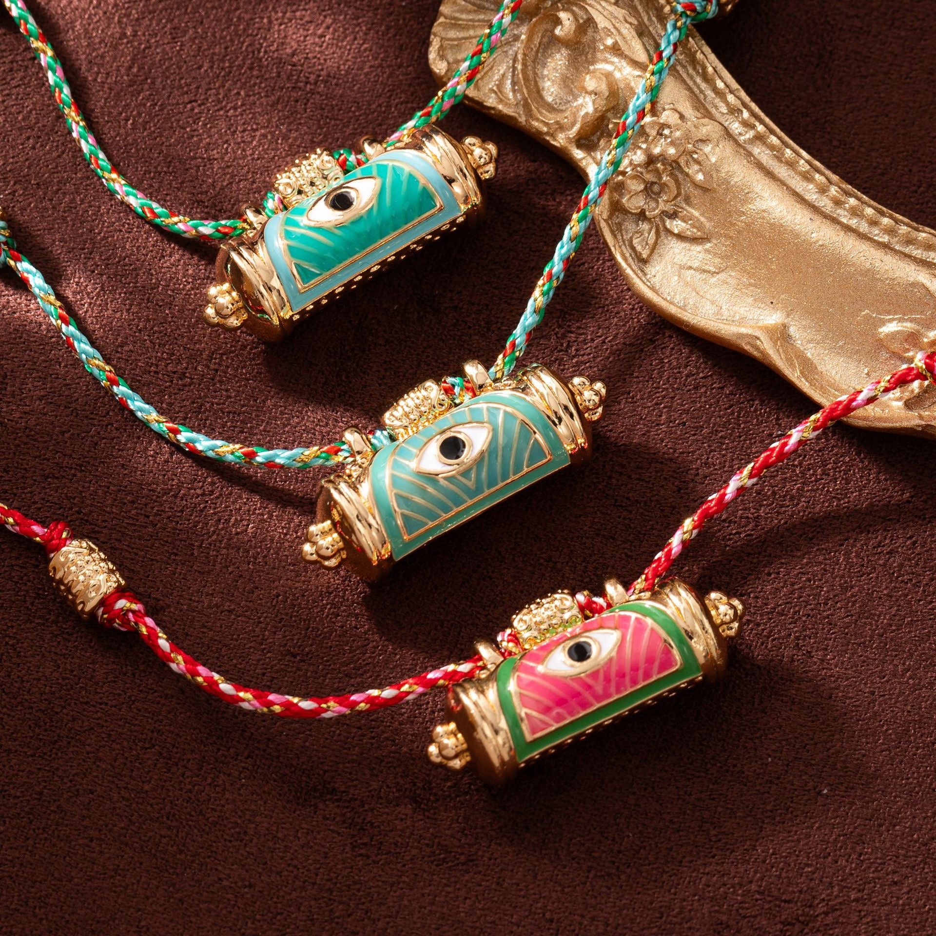 Evil Eye Kaleidoscope Necklace – Vintage Braided Rope & Chain, Double-Sided Eye Pendant, Gold Plated Lock | Blue Eye, Red Eye, Green Eye Kaleidoscope