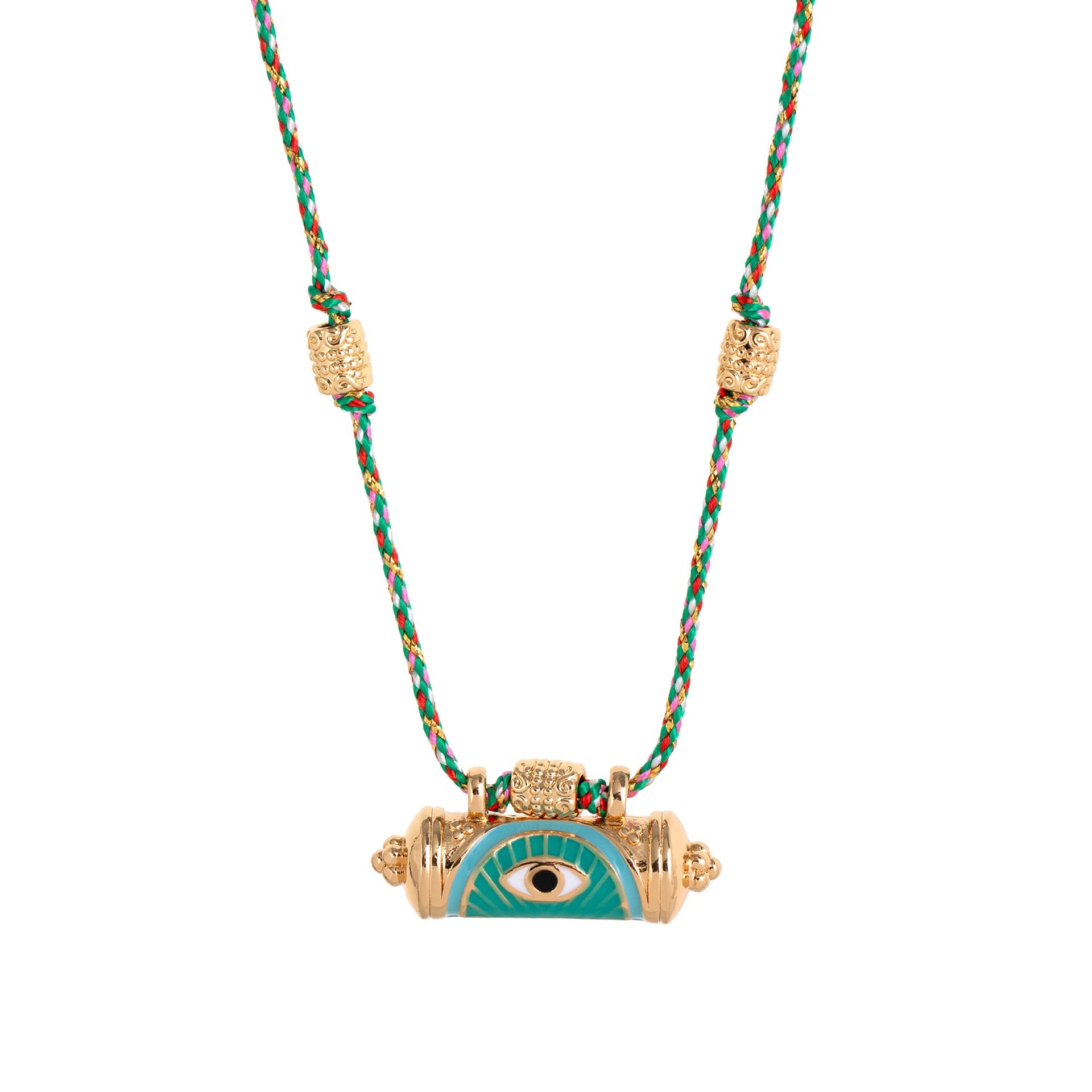 Evil Eye Kaleidoscope Necklace – Vintage Braided Rope & Chain, Double-Sided Eye Pendant, Gold Plated Lock | Blue Eye, Red Eye, Green Eye Kaleidoscope