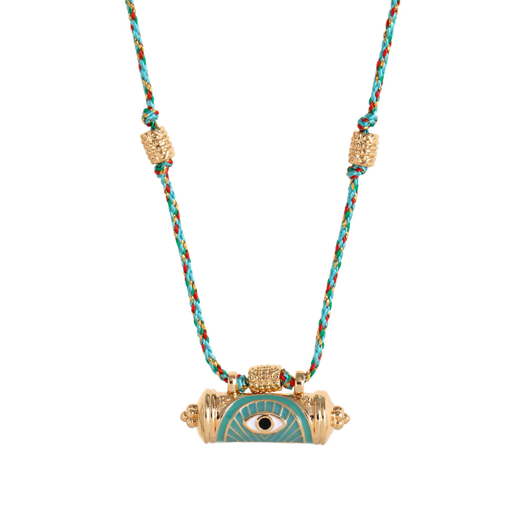 Evil Eye Kaleidoscope Necklace – Vintage Braided Rope & Chain, Double-Sided Eye Pendant, Gold Plated Lock | Blue Eye, Red Eye, Green Eye Kaleidoscope