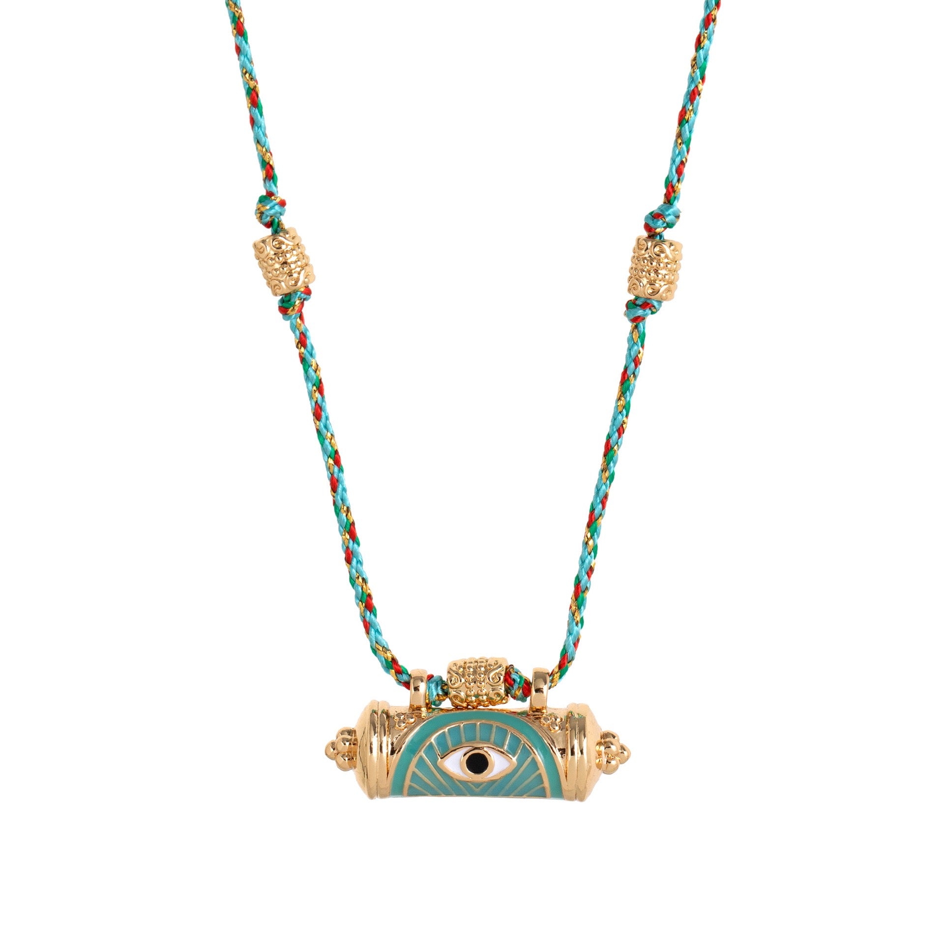 Evil Eye Kaleidoscope Necklace – Vintage Braided Rope & Chain, Double-Sided Eye Pendant, Gold Plated Lock | Blue Eye, Red Eye, Green Eye Kaleidoscope