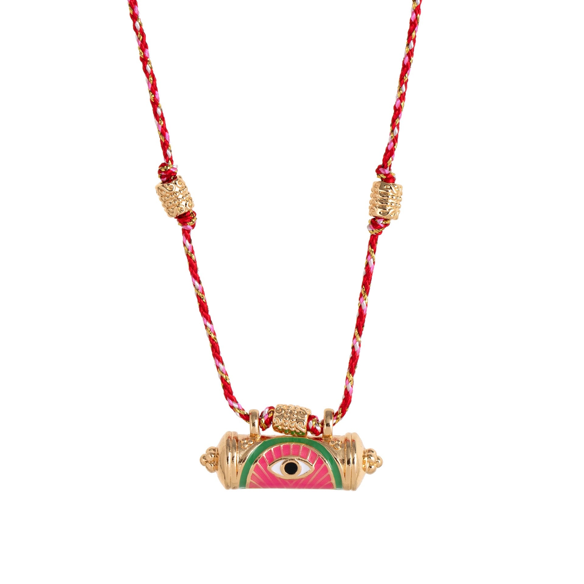 Evil Eye Kaleidoscope Necklace – Vintage Braided Rope & Chain, Double-Sided Eye Pendant, Gold Plated Lock | Blue Eye, Red Eye, Green Eye Kaleidoscope