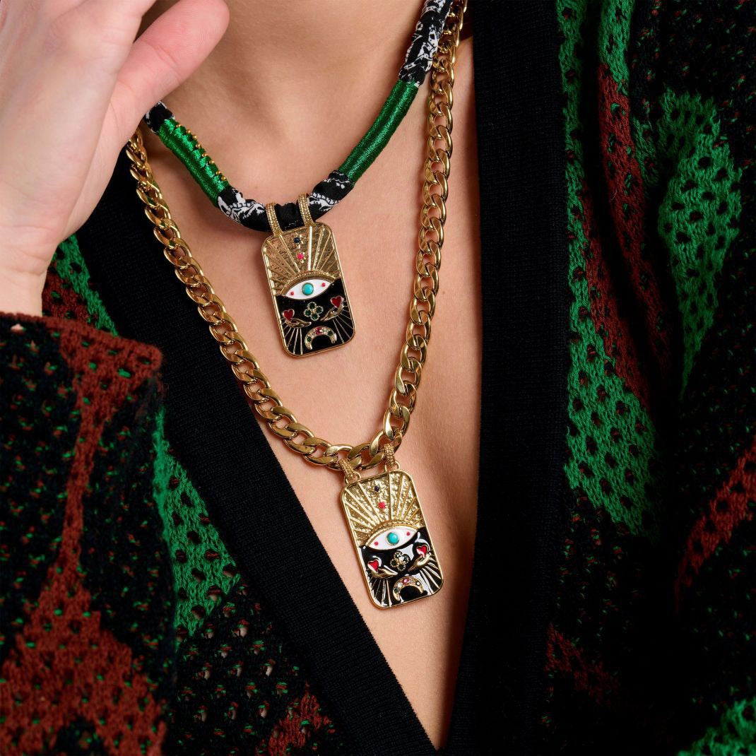 Evil Eye Tarot Pharaoh TAROT Enamel Bracelet & Sweater Chain Set – Statement Layered, Gold Plated | Black, Pink Necklace, Black, Pink Bracelet