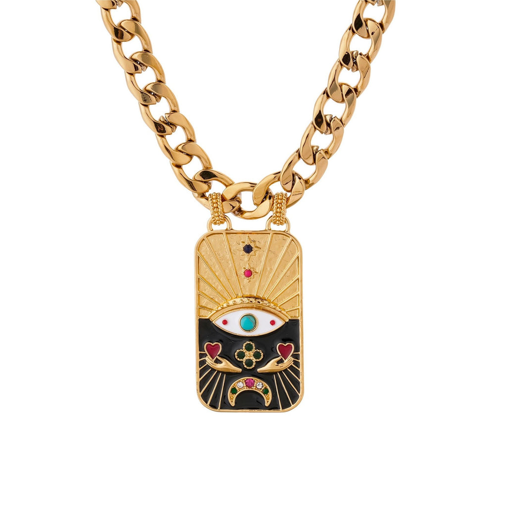 Evil Eye Tarot Pharaoh TAROT Enamel Bracelet & Sweater Chain Set – Statement Layered, Gold Plated | Black, Pink Necklace, Black, Pink Bracelet