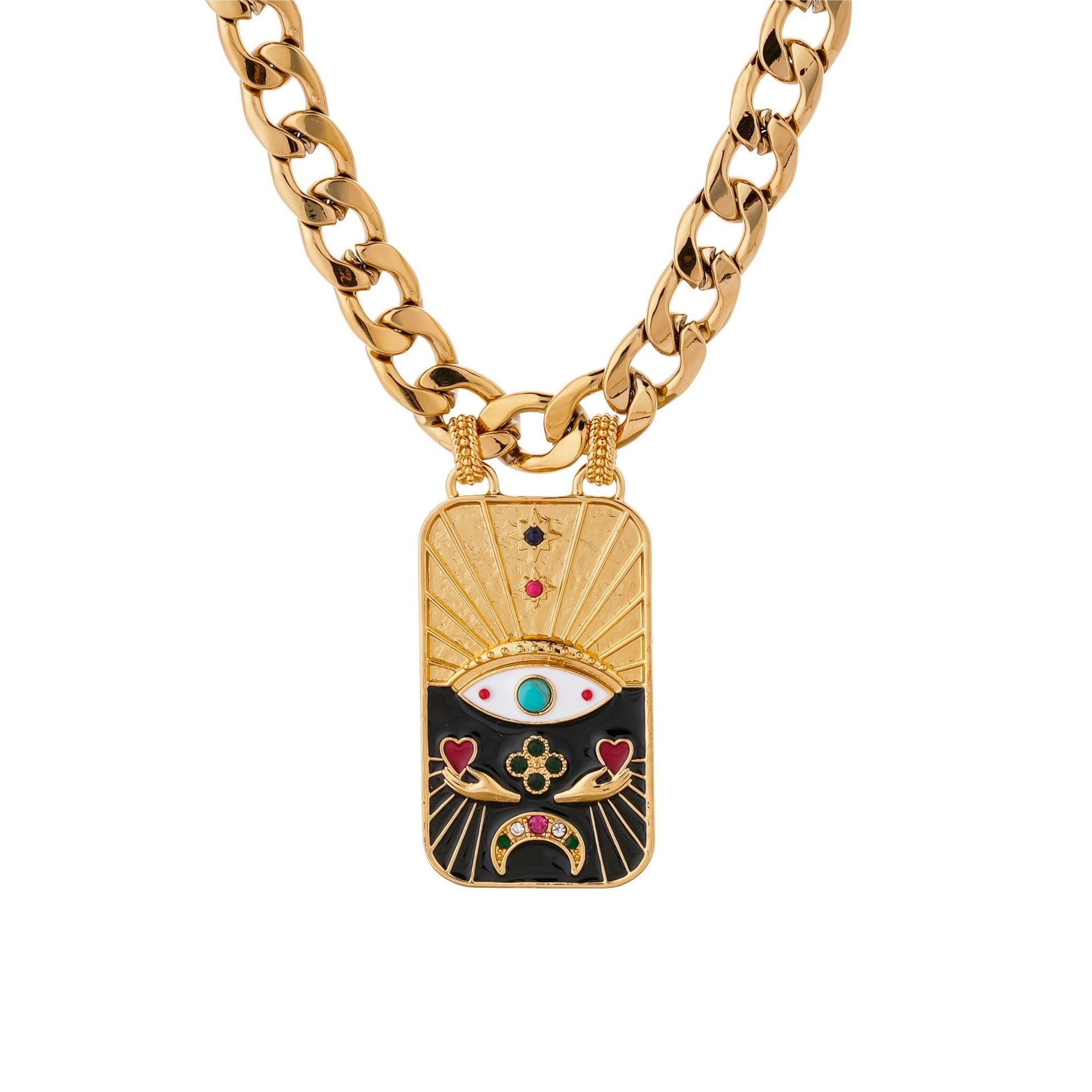 Evil Eye Tarot Pharaoh TAROT Enamel Bracelet & Sweater Chain Set – Statement Layered, Gold Plated | Black, Pink Necklace, Black, Pink Bracelet