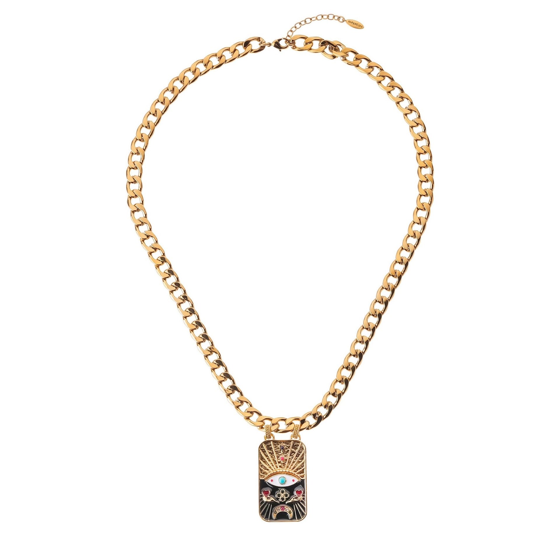 Evil Eye Tarot Pharaoh TAROT Enamel Bracelet & Sweater Chain Set – Statement Layered, Gold Plated | Black, Pink Necklace, Black, Pink Bracelet
