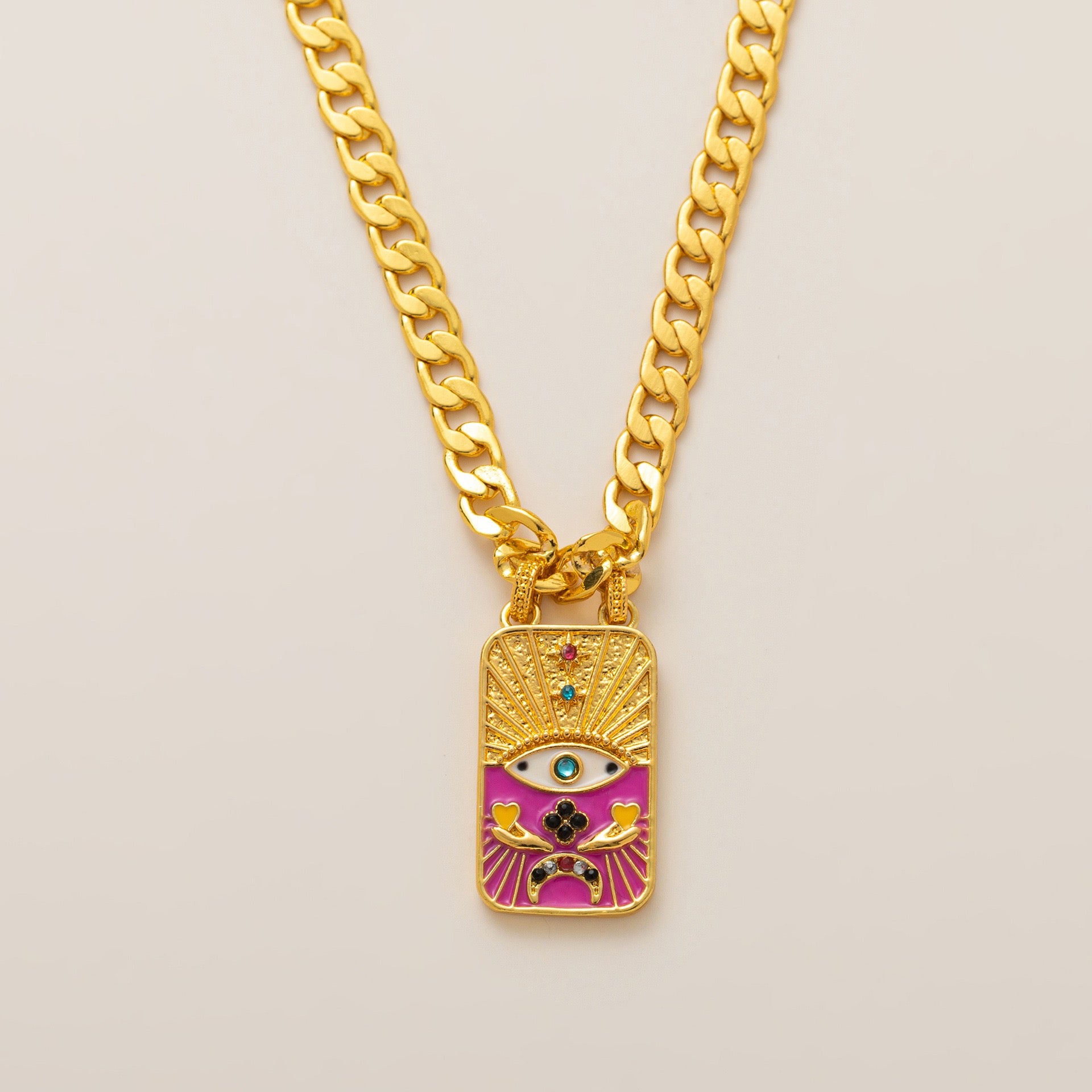 Evil Eye Tarot Pharaoh TAROT Enamel Bracelet & Sweater Chain Set – Statement Layered, Gold Plated | Black, Pink Necklace, Black, Pink Bracelet
