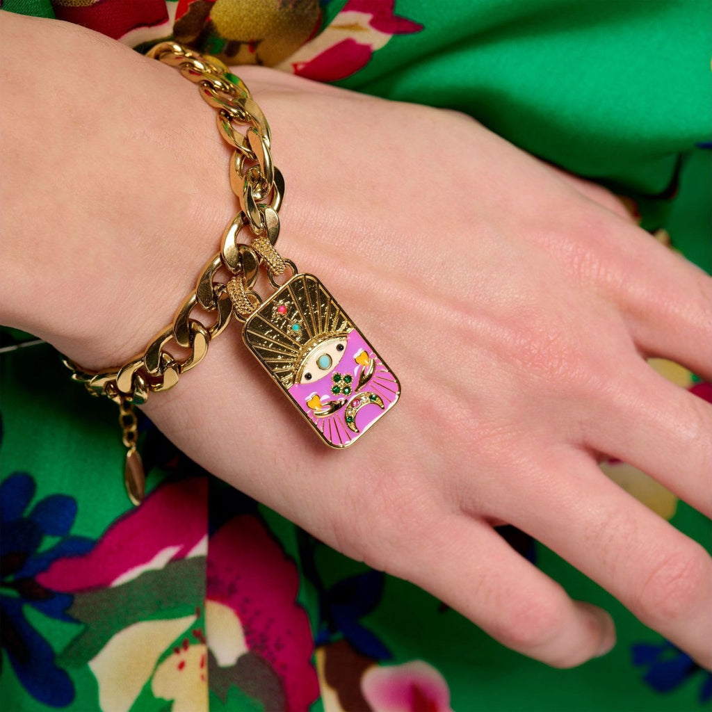 Evil Eye Tarot Pharaoh TAROT Enamel Bracelet & Sweater Chain Set – Statement Layered, Gold Plated | Black, Pink Necklace, Black, Pink Bracelet
