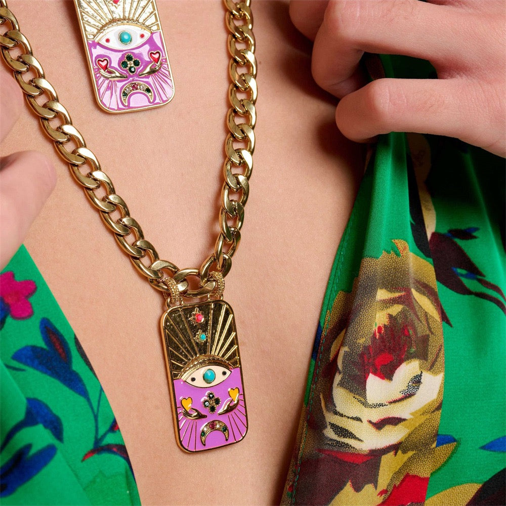 Evil Eye Tarot Pharaoh TAROT Enamel Bracelet & Sweater Chain Set – Statement Layered, Gold Plated | Black, Pink Necklace, Black, Pink Bracelet