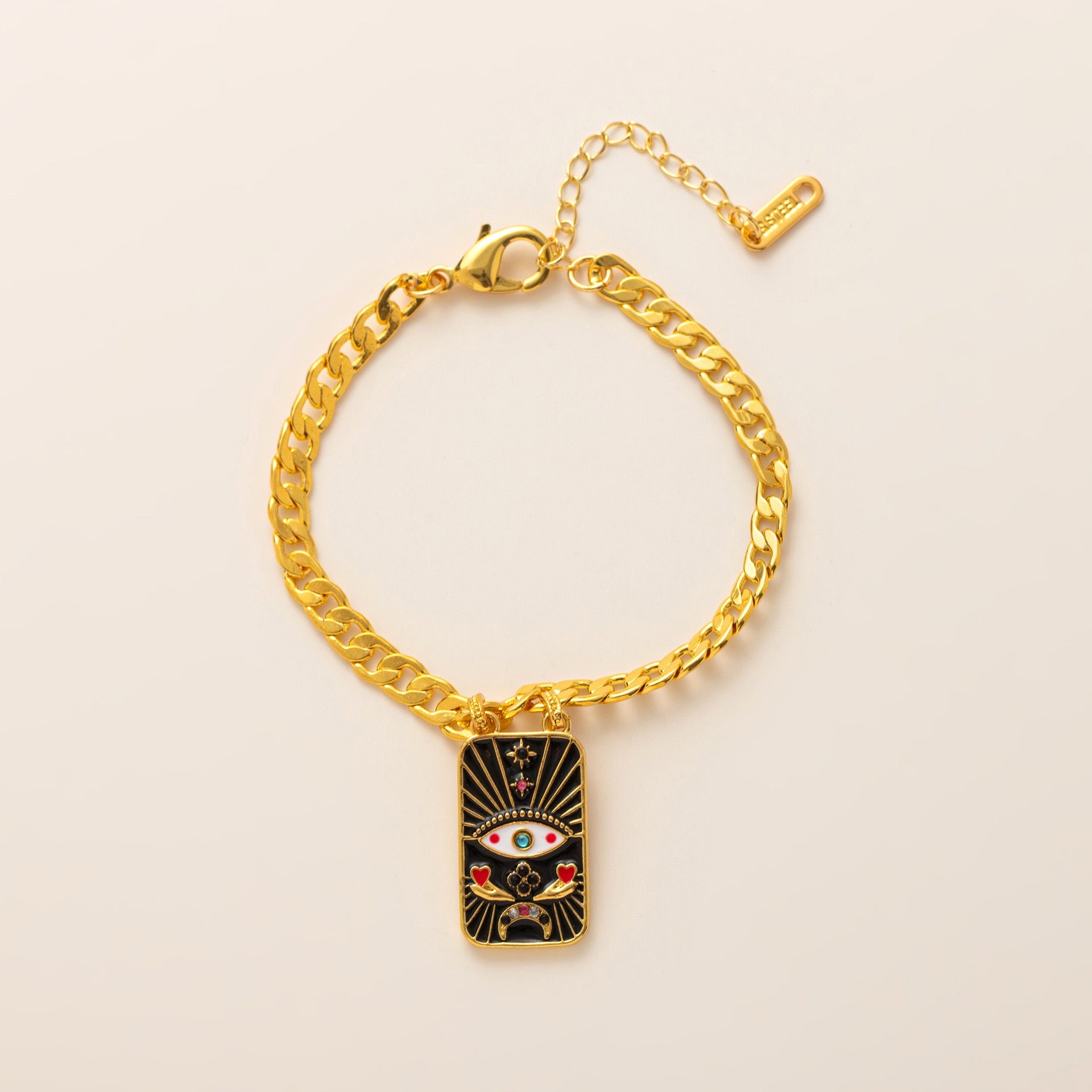Evil Eye Tarot Pharaoh TAROT Enamel Bracelet & Sweater Chain Set – Statement Layered, Gold Plated | Black, Pink Necklace, Black, Pink Bracelet