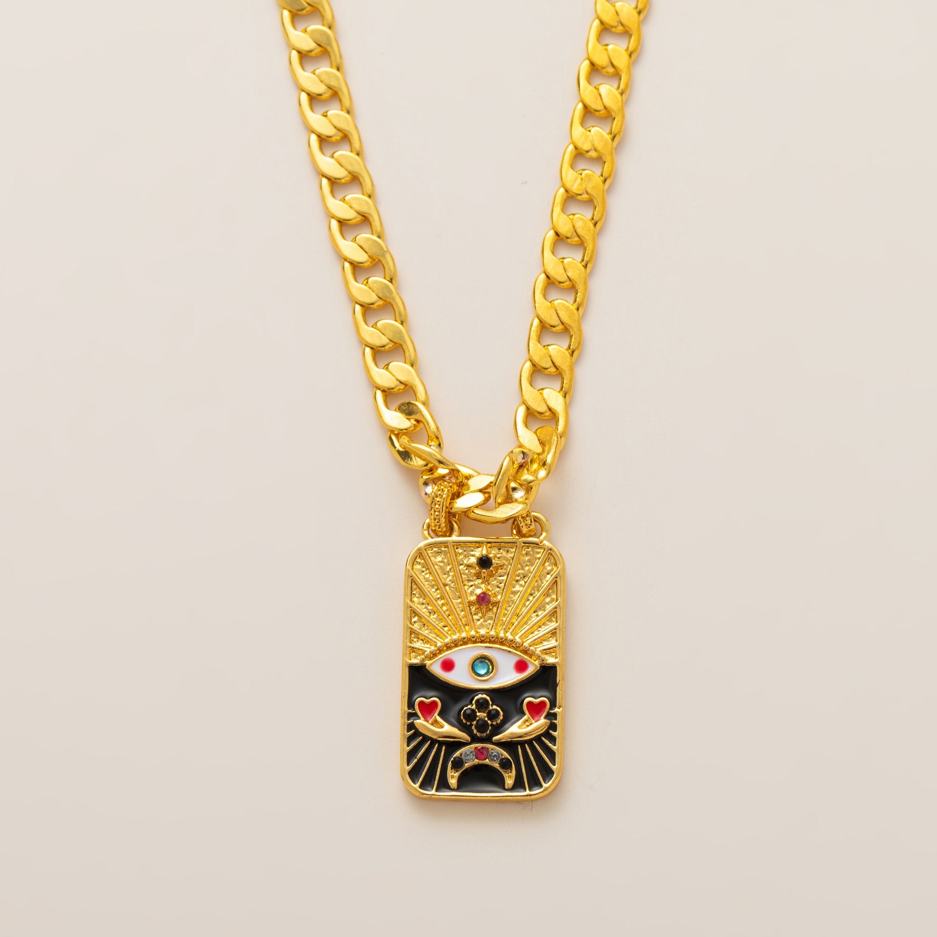 Evil Eye Tarot Pharaoh TAROT Enamel Bracelet & Sweater Chain Set – Statement Layered, Gold Plated | Black, Pink Necklace, Black, Pink Bracelet