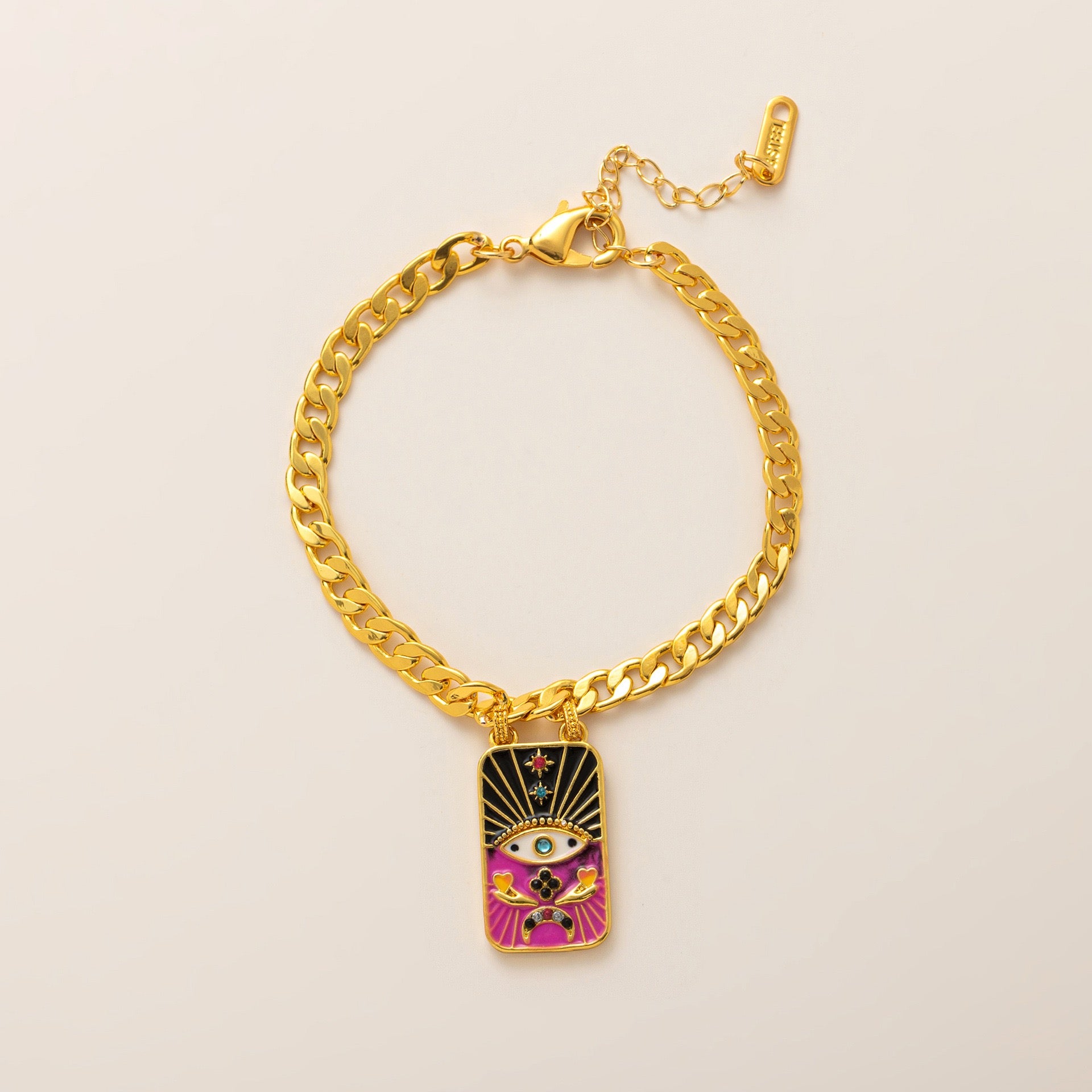Evil Eye Tarot Pharaoh TAROT Enamel Bracelet & Sweater Chain Set – Statement Layered, Gold Plated | Black, Pink Necklace, Black, Pink Bracelet