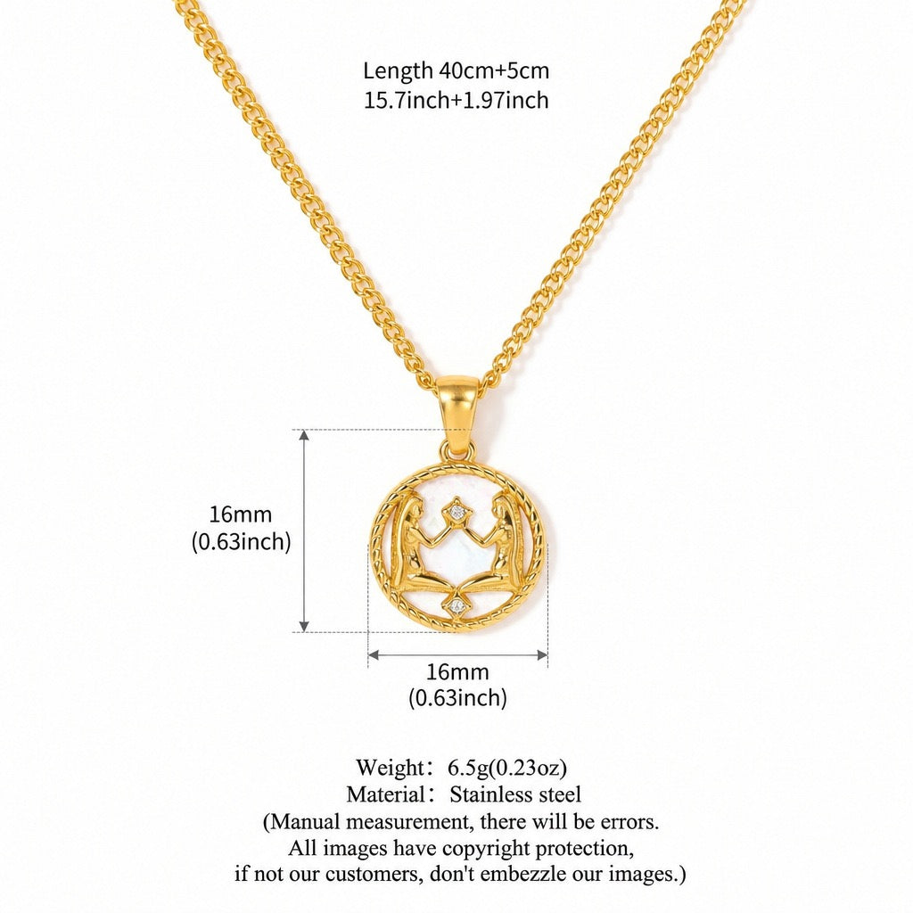 12 Zodiac Shell Coin Necklace,18K Gold Plated Tarnish‑Resistant Titanium Steel