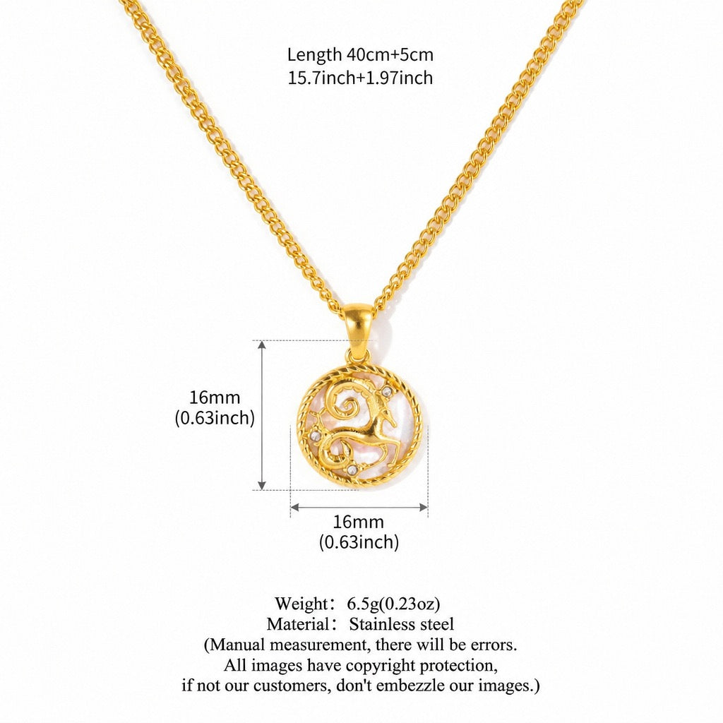 12 Zodiac Shell Coin Necklace,18K Gold Plated Tarnish‑Resistant Titanium Steel