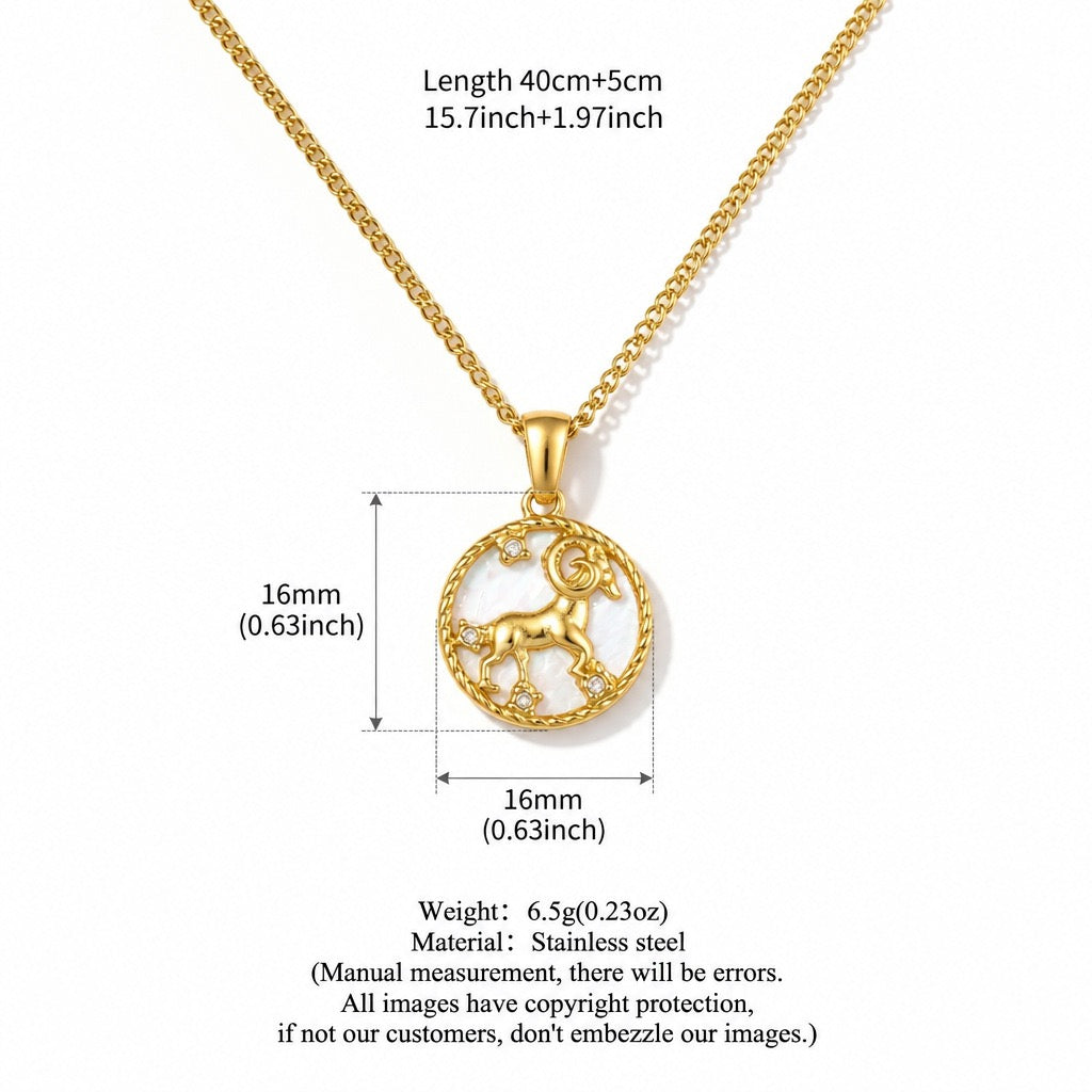 12 Zodiac Shell Coin Necklace,18K Gold Plated Tarnish‑Resistant Titanium Steel