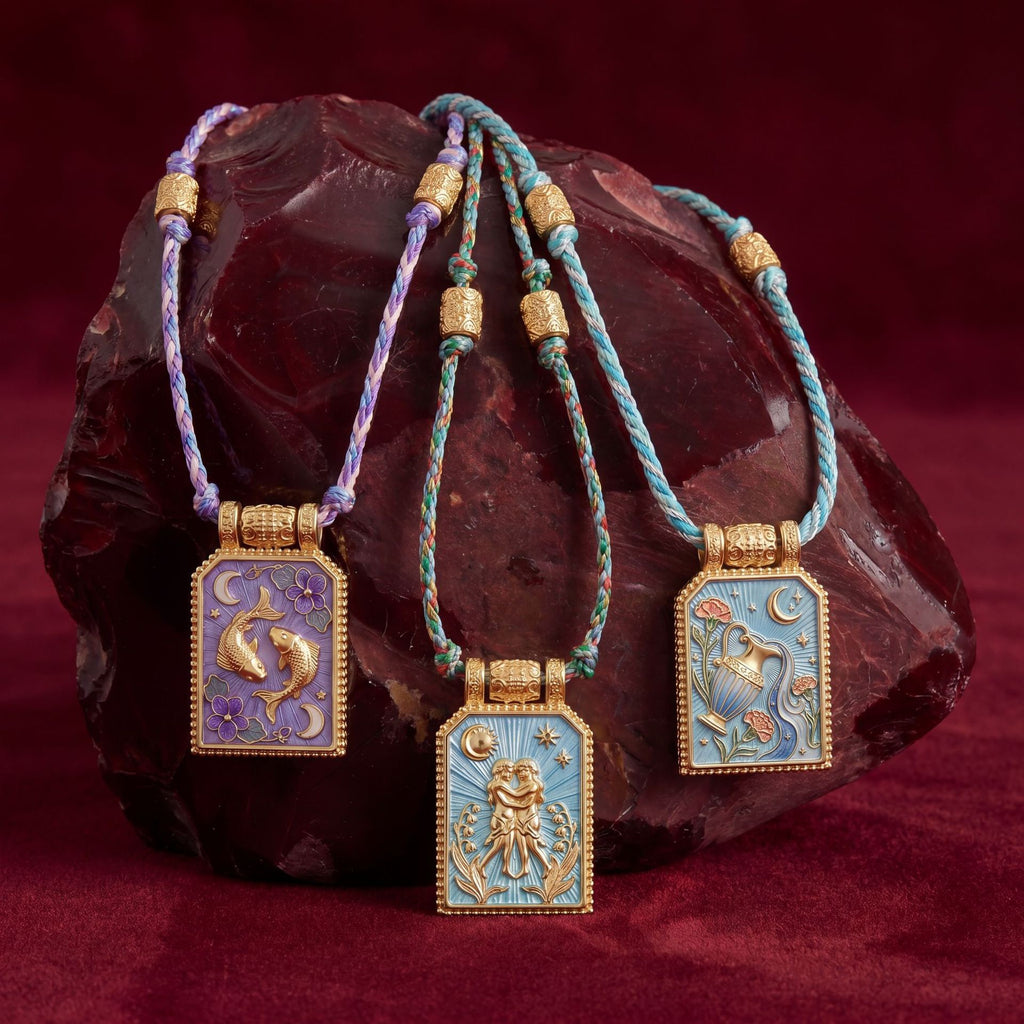12 Zodiac Enamel Square Pendant Necklace – Colourful Rope Chain, Embossed Craft, Adjustable