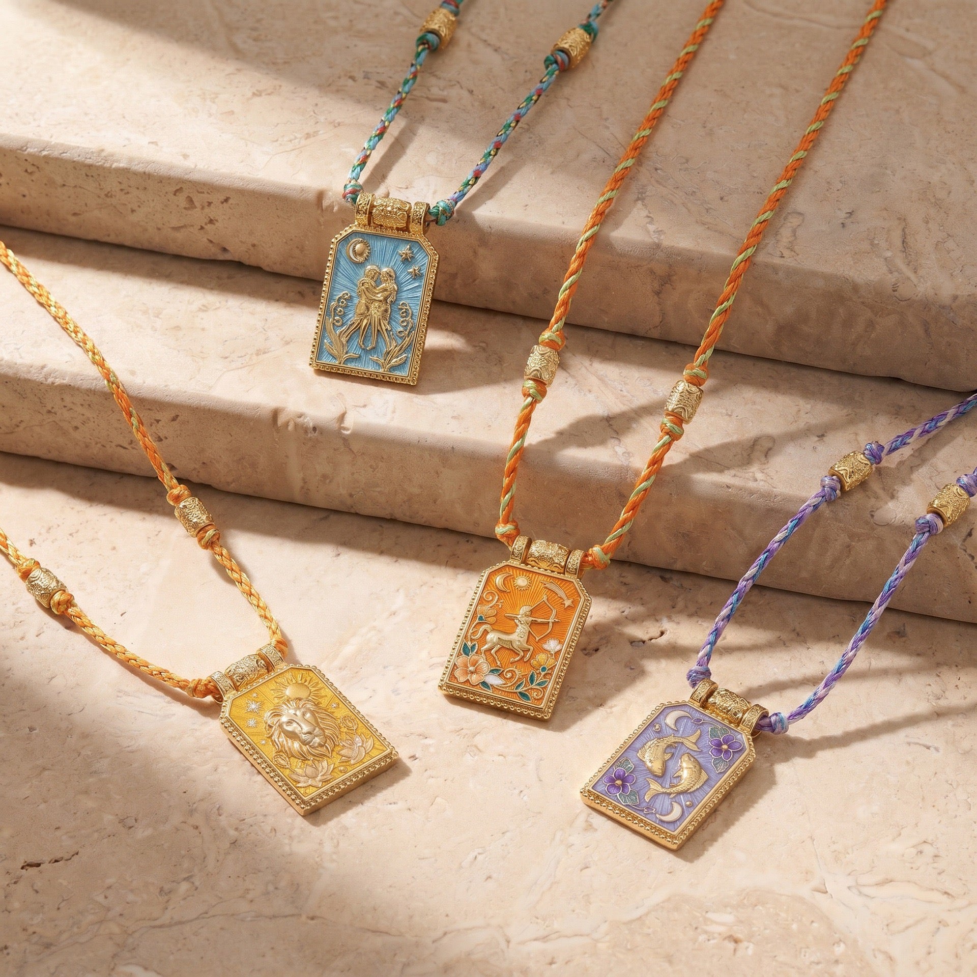 12 Zodiac Enamel Square Pendant Necklace – Colourful Rope Chain, Embossed Craft, Adjustable