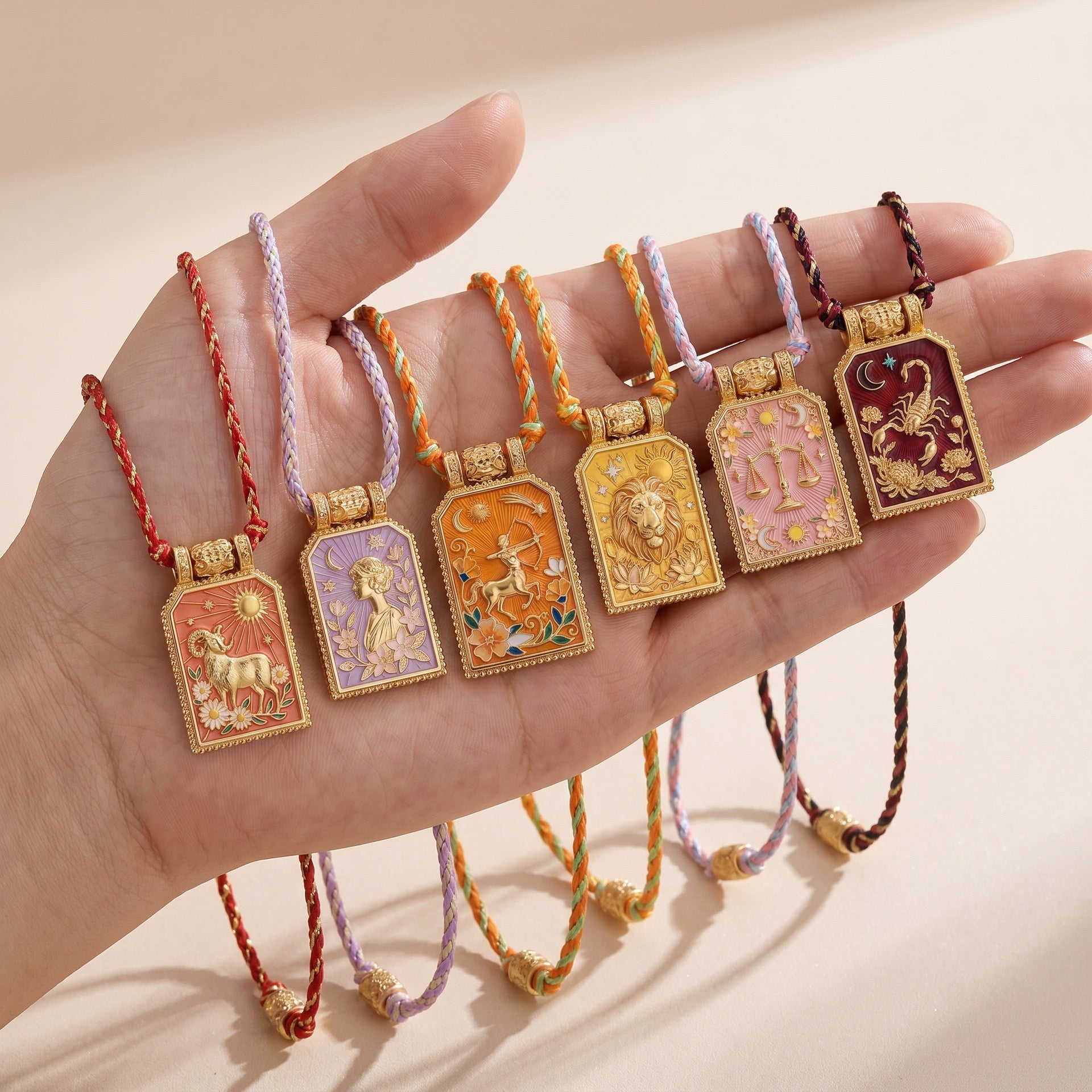 12 Zodiac Enamel Square Pendant Necklace – Colourful Rope Chain, Embossed Craft, Adjustable