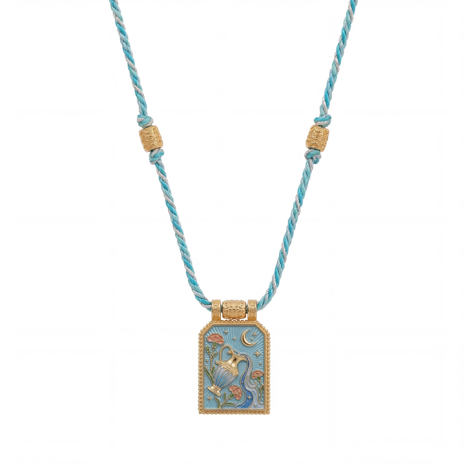 12 Zodiac Enamel Square Pendant Necklace – Colourful Rope Chain, Embossed Craft, Adjustable