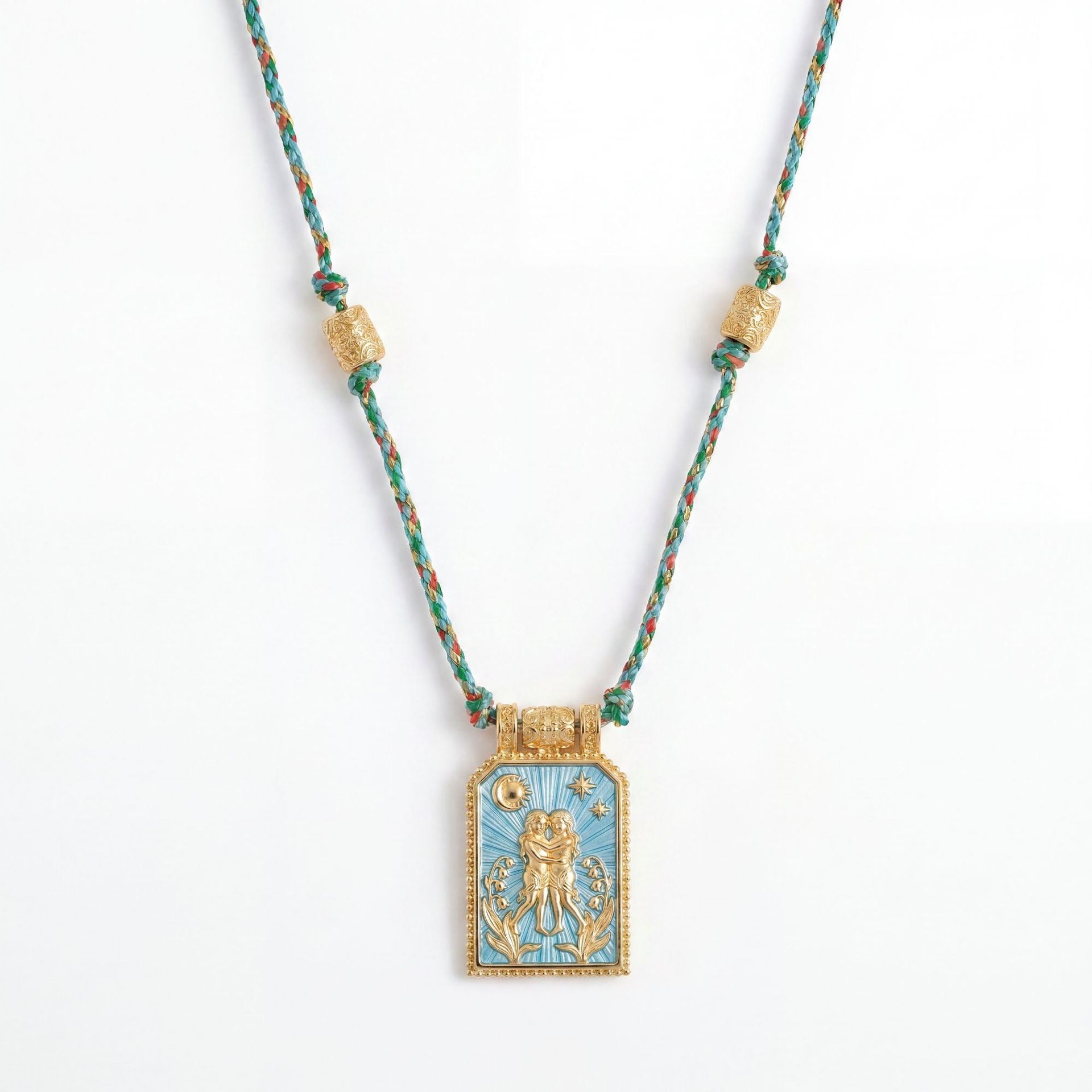 12 Zodiac Enamel Square Pendant Necklace – Colourful Rope Chain, Embossed Craft, Adjustable