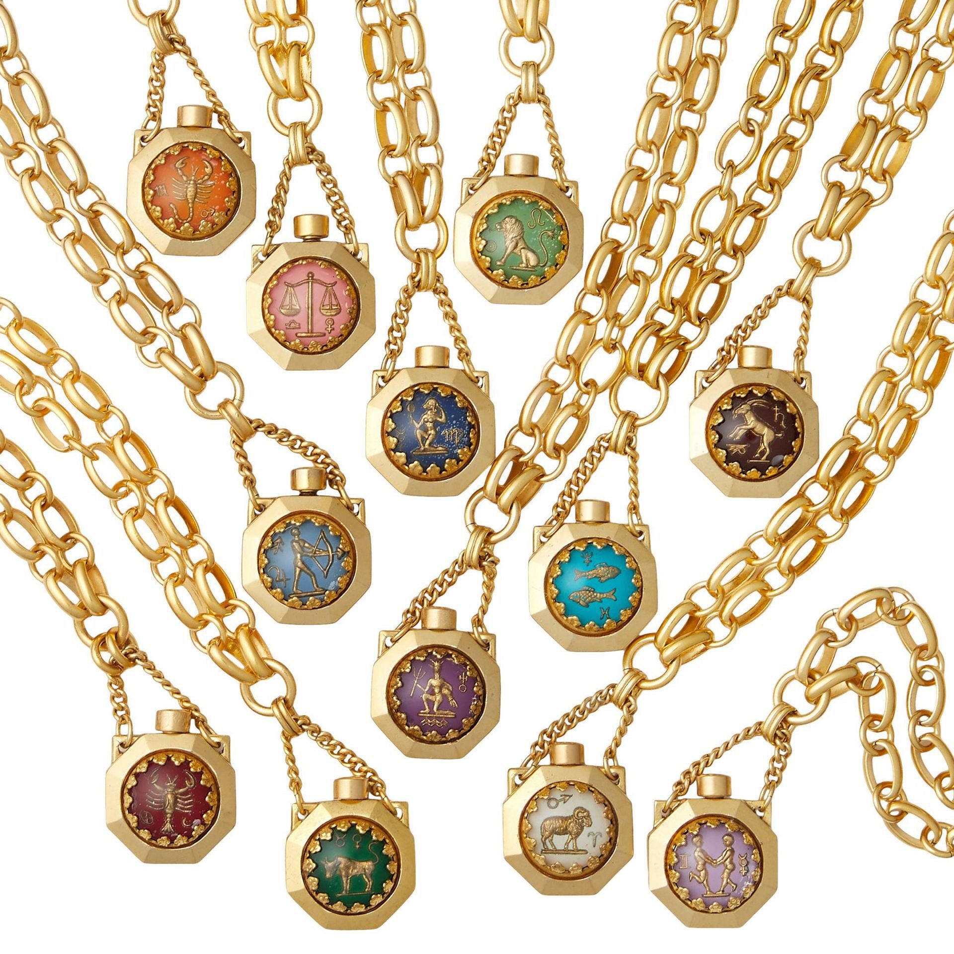 12 Zodiac Wish Bottle Enamel Pendant Cat Ear Necklace – Statement Sweater Chain, Heavy Craft