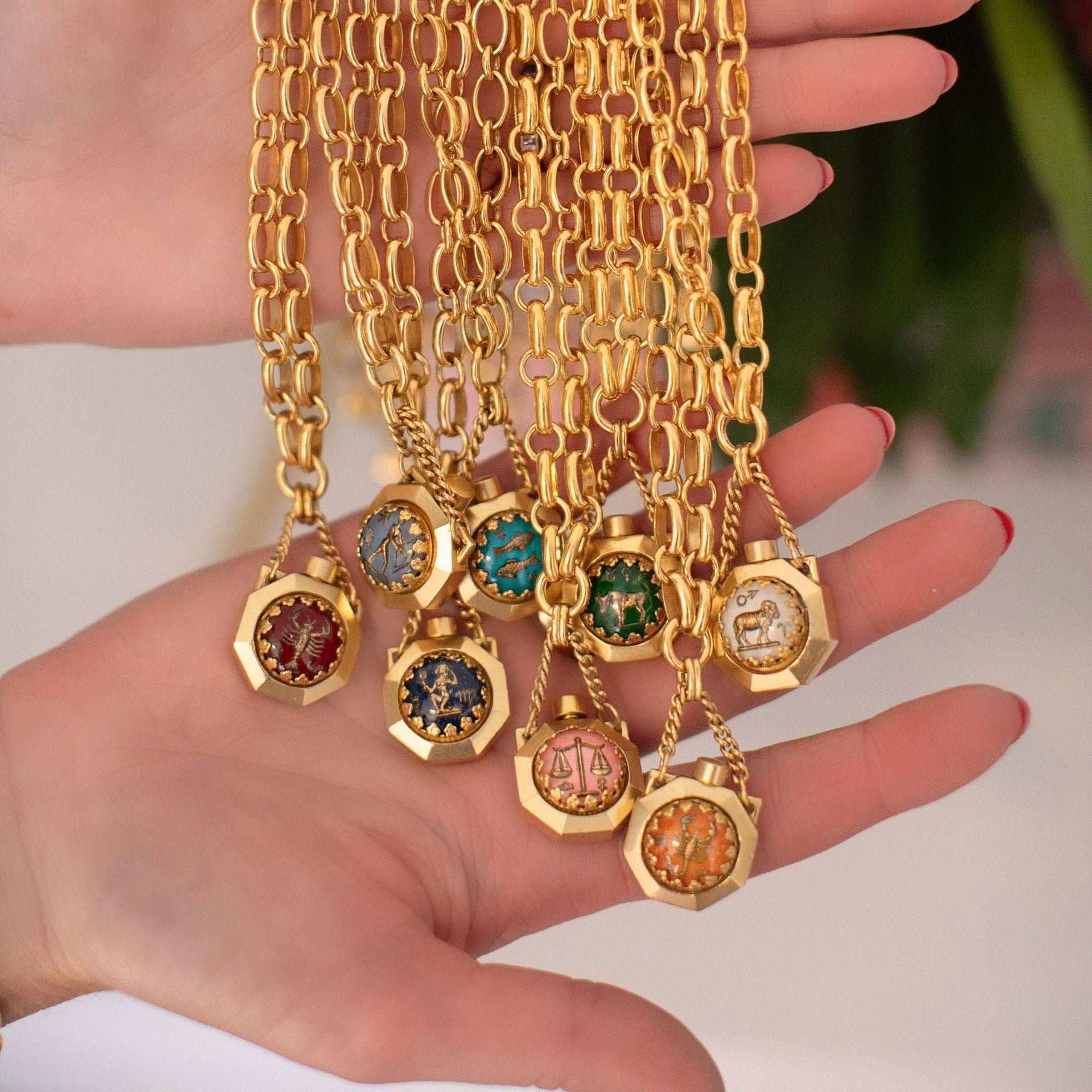 12 Zodiac Wish Bottle Enamel Pendant Cat Ear Necklace – Statement Sweater Chain, Heavy Craft