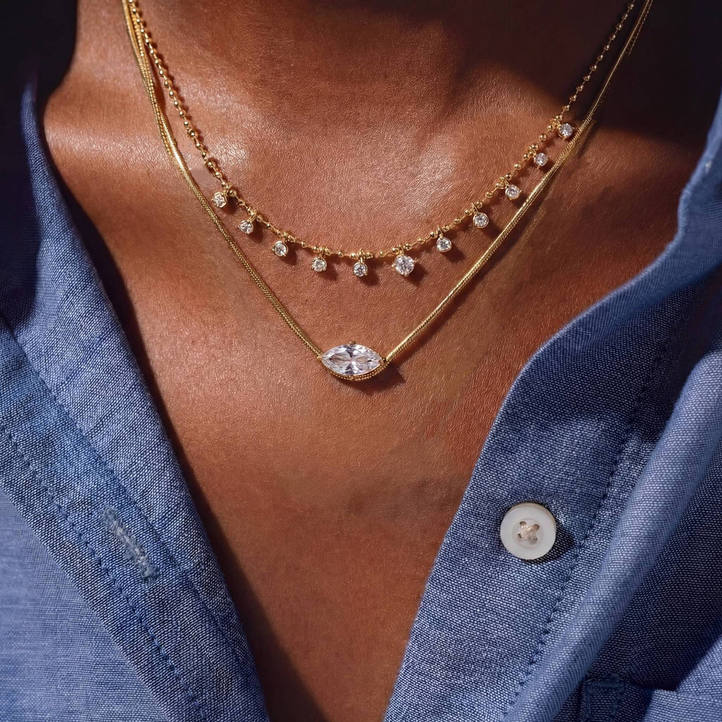Luxury Layered Collarbone Necklace – Marquise Zirconia Accent, Stackable Everyday | Gold Marquise Zirconia Necklace, Gold Mini Diamond Accent Necklace, Silver Marquise Zirconia Necklace, Silver Mini Diamond Accent Necklace