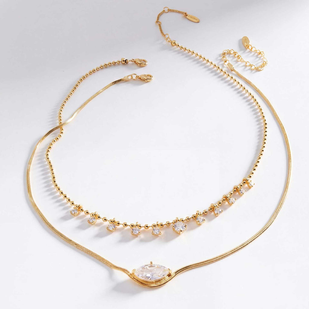 Luxury Layered Collarbone Necklace – Marquise Zirconia Accent, Stackable Everyday | Gold Marquise Zirconia Necklace, Gold Mini Diamond Accent Necklace, Silver Marquise Zirconia Necklace, Silver Mini Diamond Accent Necklace