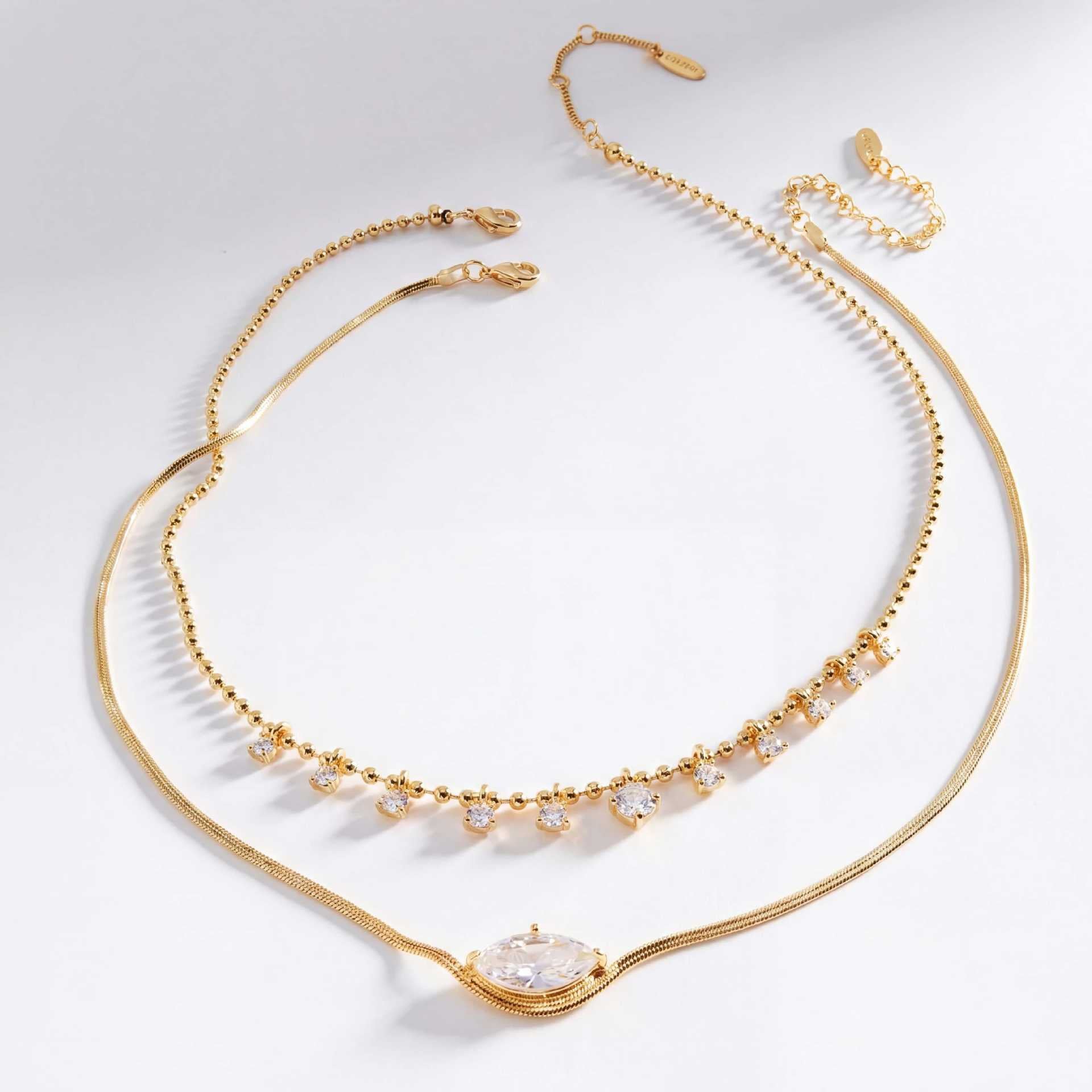 Luxury Layered Collarbone Necklace – Marquise Zirconia Accent, Stackable Everyday | Gold Marquise Zirconia Necklace, Gold Mini Diamond Accent Necklace, Silver Marquise Zirconia Necklace, Silver Mini Diamond Accent Necklace