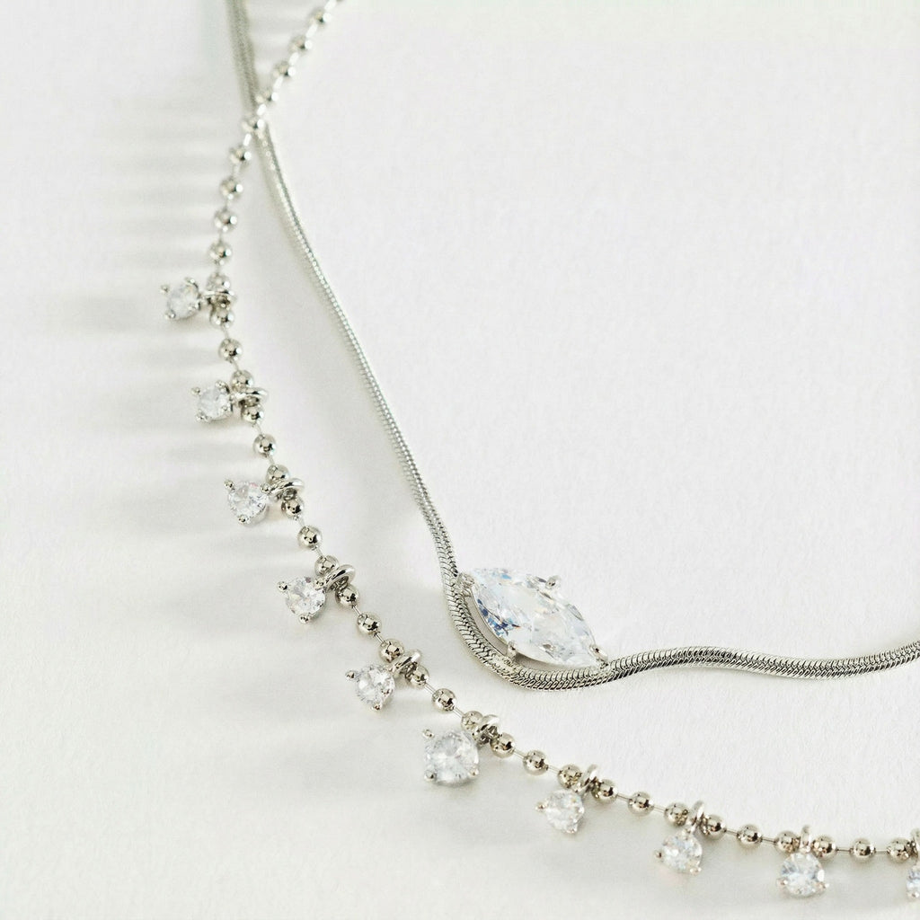 Luxury Layered Collarbone Necklace – Marquise Zirconia Accent, Stackable Everyday | Gold Marquise Zirconia Necklace, Gold Mini Diamond Accent Necklace, Silver Marquise Zirconia Necklace, Silver Mini Diamond Accent Necklace