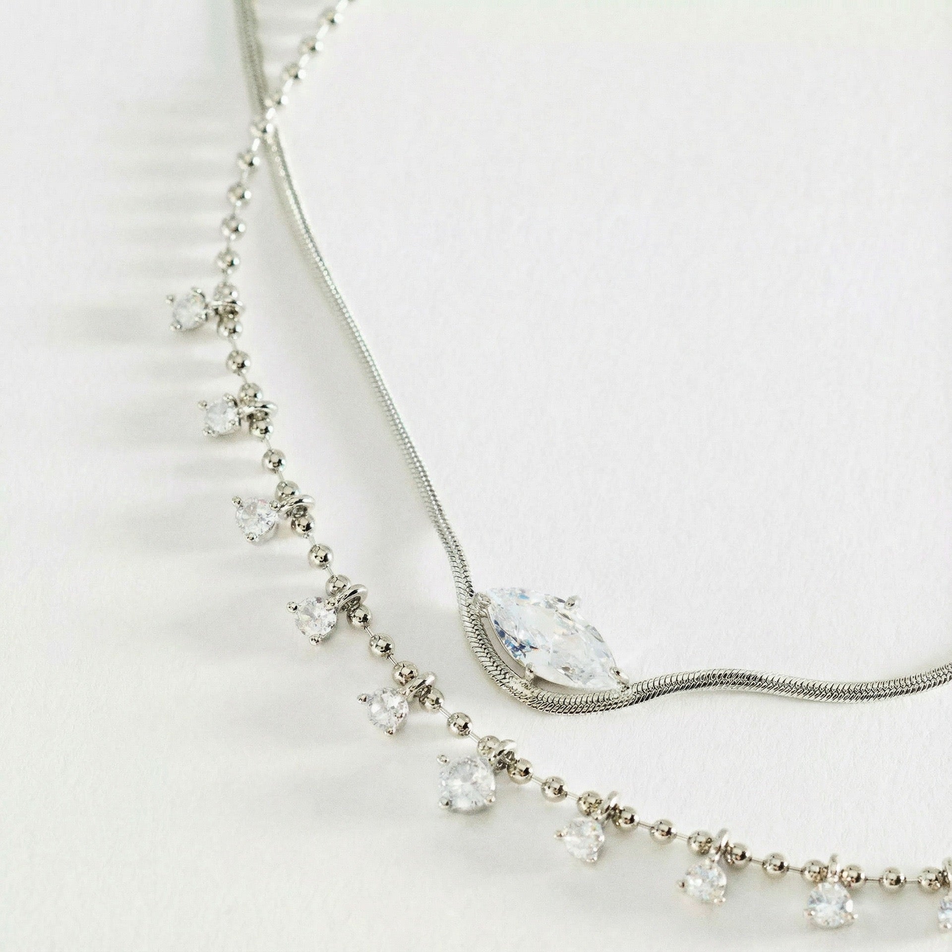 Luxury Layered Collarbone Necklace – Marquise Zirconia Accent, Stackable Everyday | Gold Marquise Zirconia Necklace, Gold Mini Diamond Accent Necklace, Silver Marquise Zirconia Necklace, Silver Mini Diamond Accent Necklace
