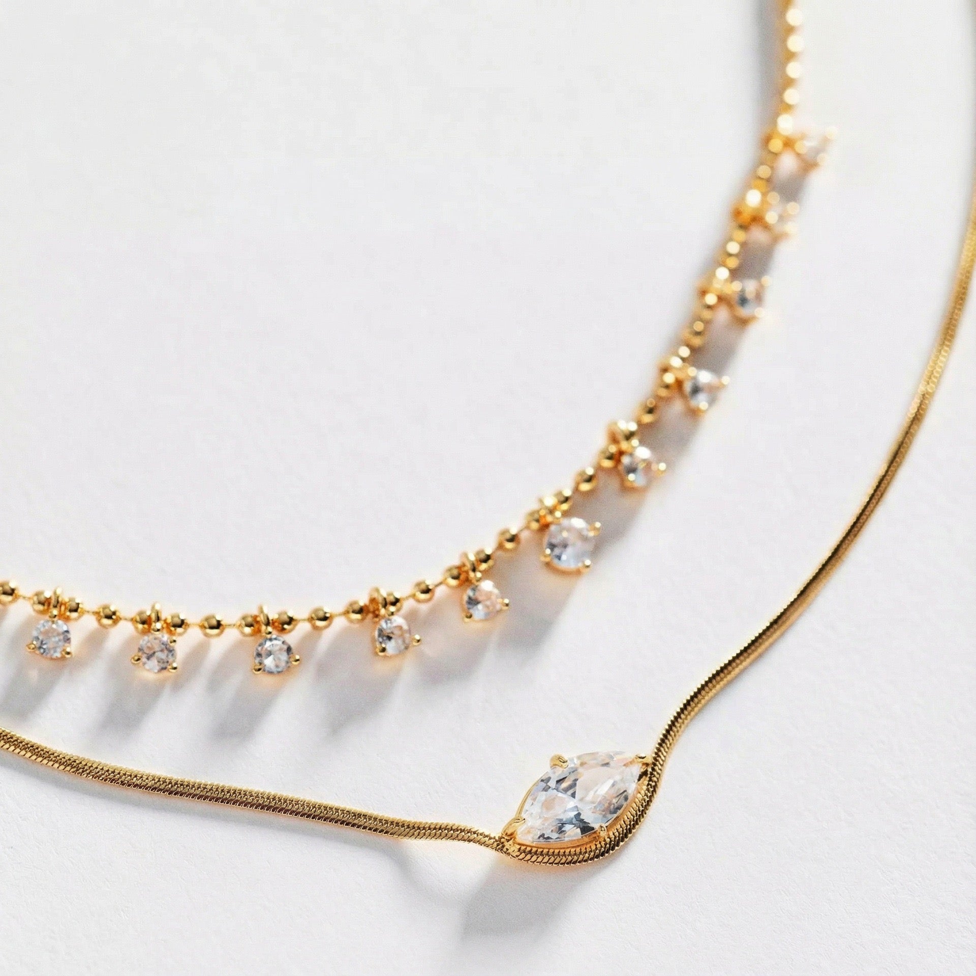 Luxury Layered Collarbone Necklace – Marquise Zirconia Accent, Stackable Everyday | Gold Marquise Zirconia Necklace, Gold Mini Diamond Accent Necklace, Silver Marquise Zirconia Necklace, Silver Mini Diamond Accent Necklace
