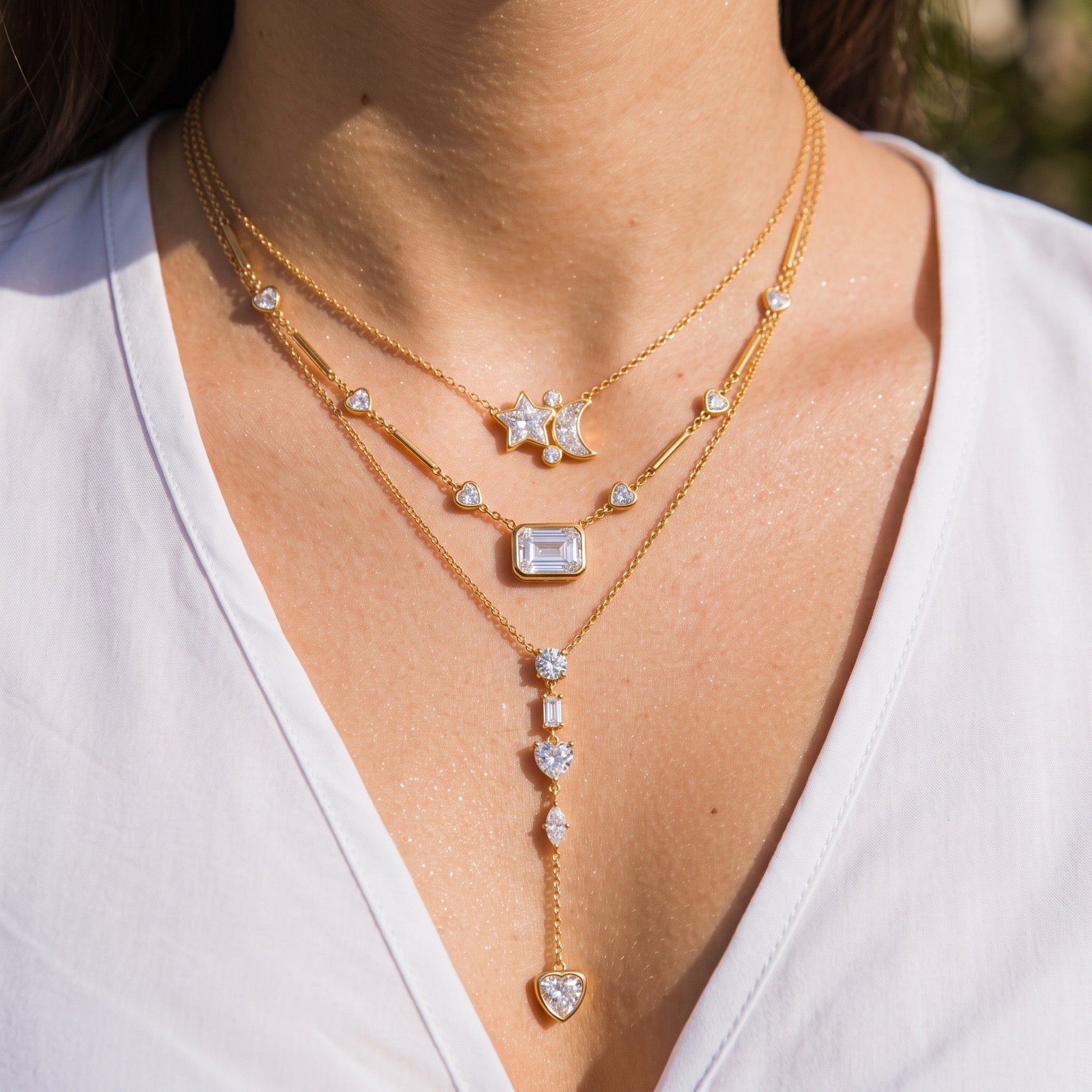 Western Style Crystal Necklace – Star Moon Heart Square Diamond Tassel, Tarnish-Resistant | Square Diamond Heart Spacer Necklace, Multi-Zirconia Tassel Necklace, Square Diamond Heart Necklace, Star Moon Crystal Diamond Necklace, Heart Tassel Necklace