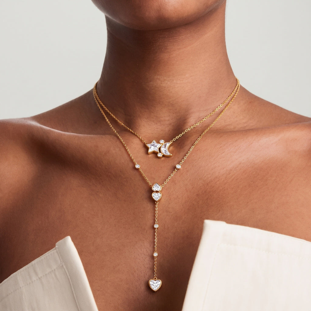 Western Style Crystal Necklace – Star Moon Heart Square Diamond Tassel, Tarnish-Resistant | Square Diamond Heart Spacer Necklace, Multi-Zirconia Tassel Necklace, Square Diamond Heart Necklace, Star Moon Crystal Diamond Necklace, Heart Tassel Necklace