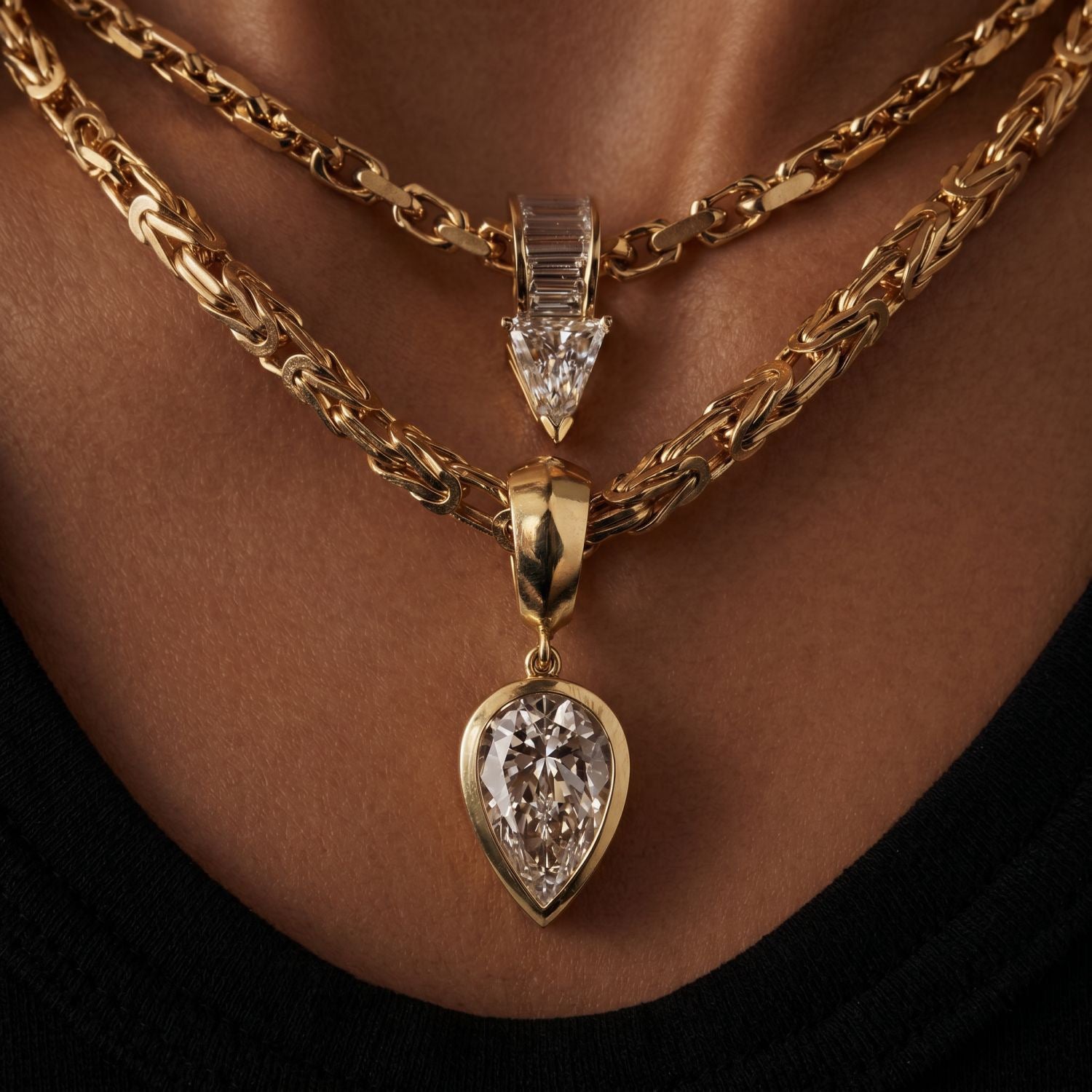 Thick Chain Teardrop Pear‑Shaped Zircon Pendant Necklace, Vintage Heavy‑Set Layering Collarbone Necklace