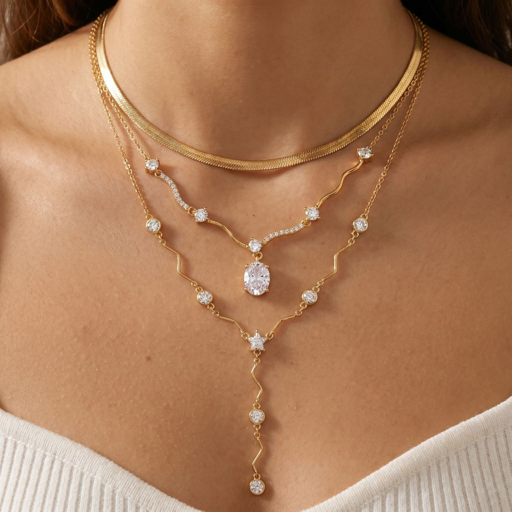 Luxury Y-Chain Wave Diamond Necklace | Heart & Oval Pendant