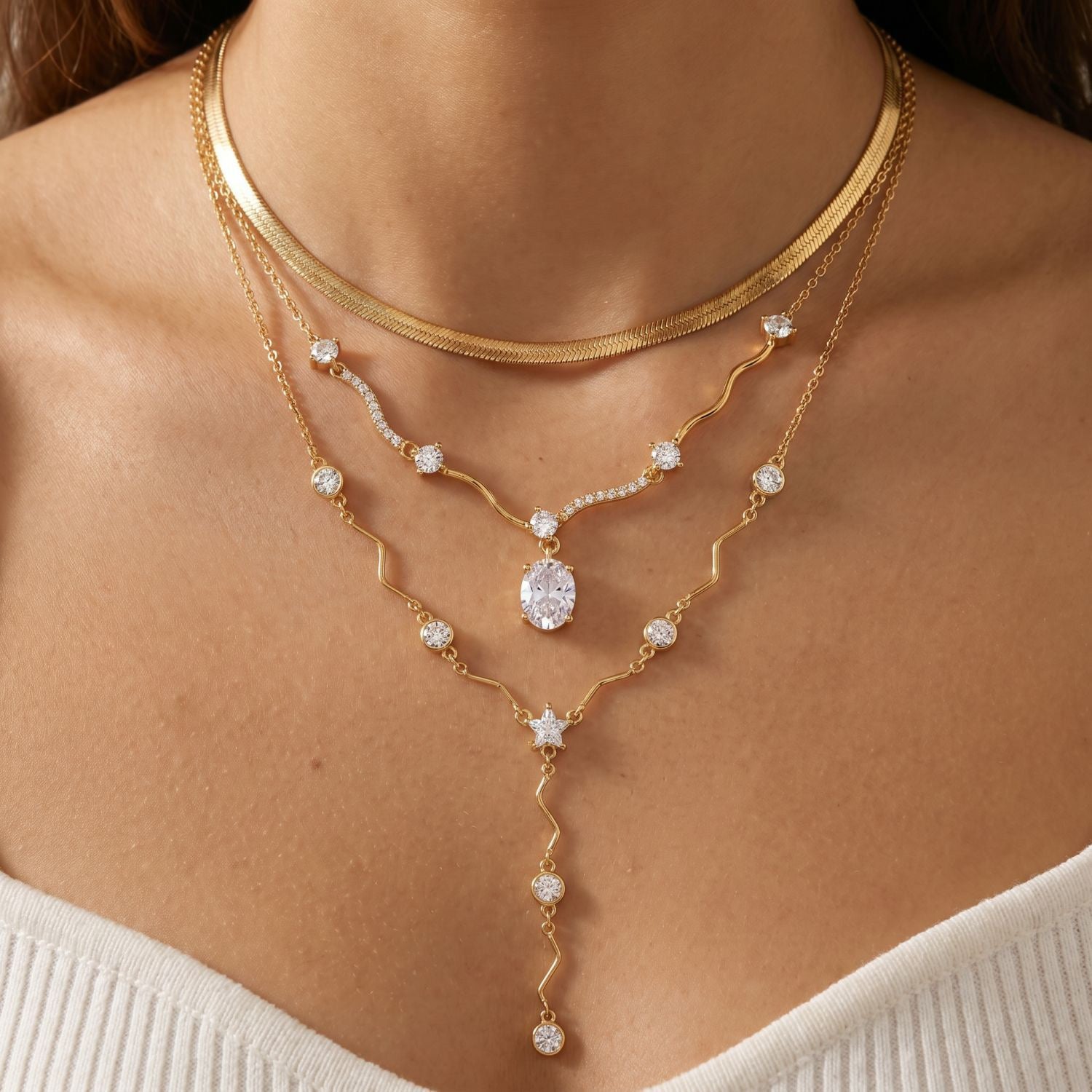 Luxury Y-Chain Wave Diamond Necklace | Heart & Oval Pendant