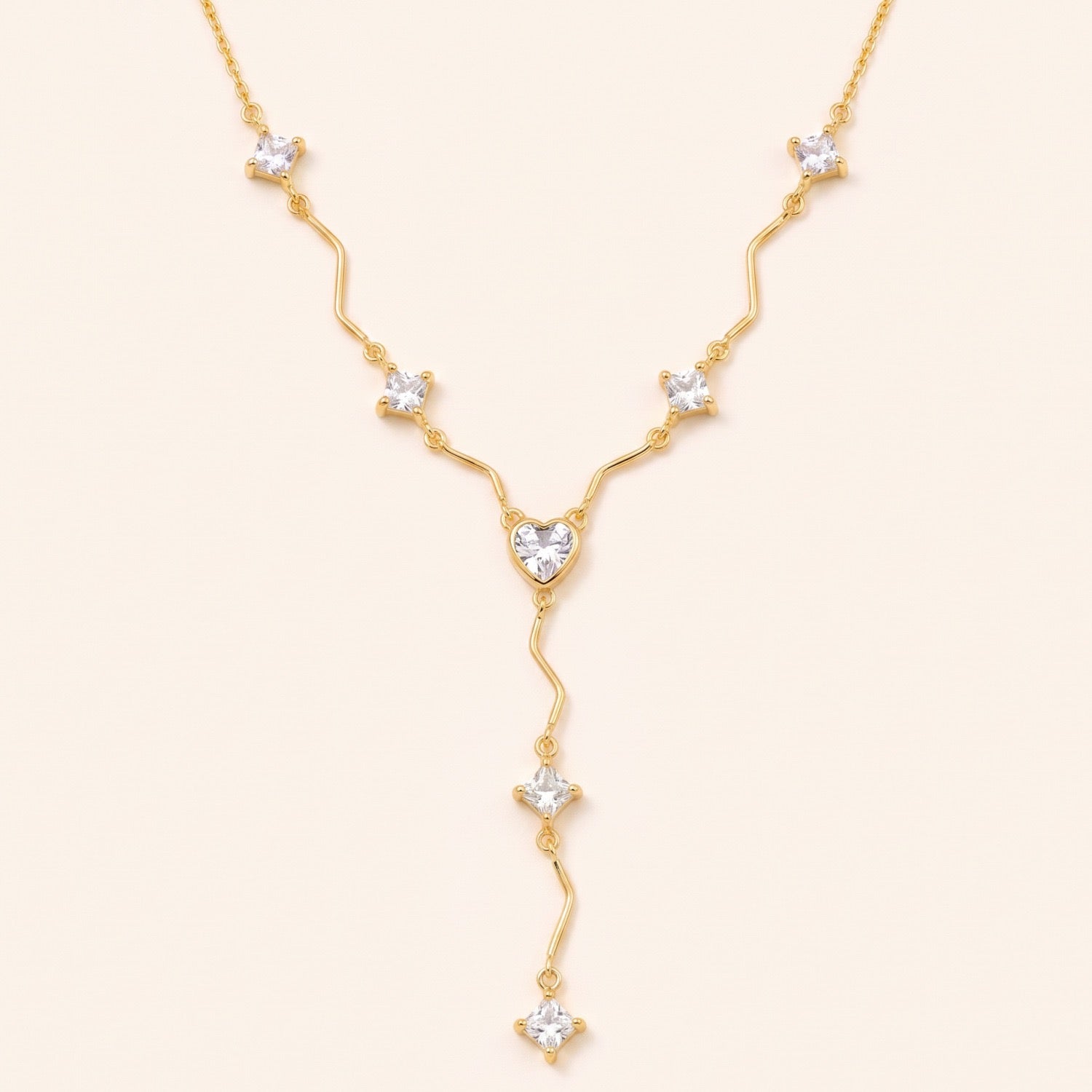 Luxury Y-Chain Wave Diamond Necklace | Heart & Oval Pendant