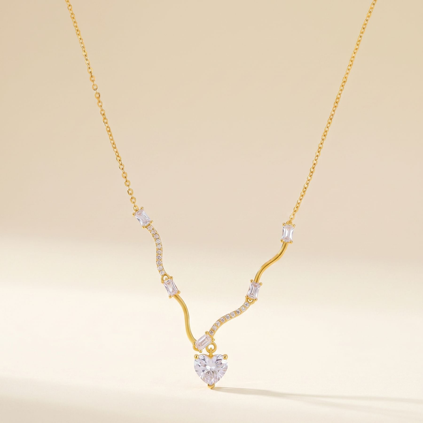 Luxury Y-Chain Wave Diamond Necklace | Heart & Oval Pendant