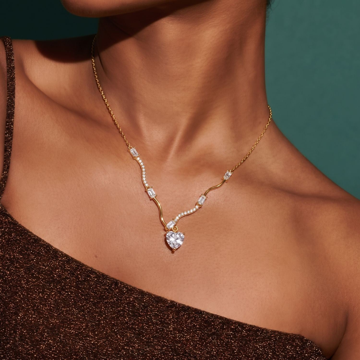 Luxury Y-Chain Wave Diamond Necklace | Heart & Oval Pendant