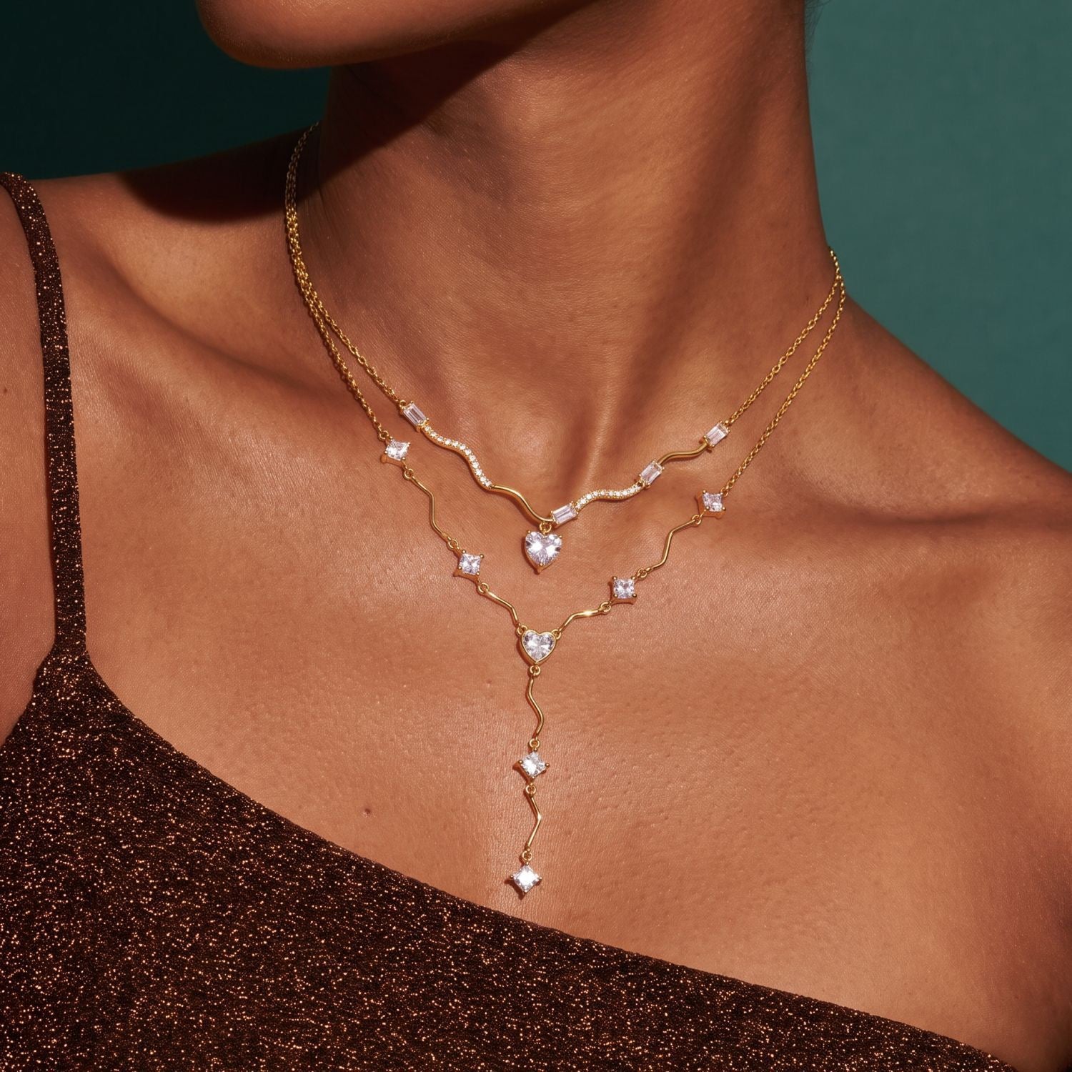 Luxury Y-Chain Wave Diamond Necklace | Heart & Oval Pendant