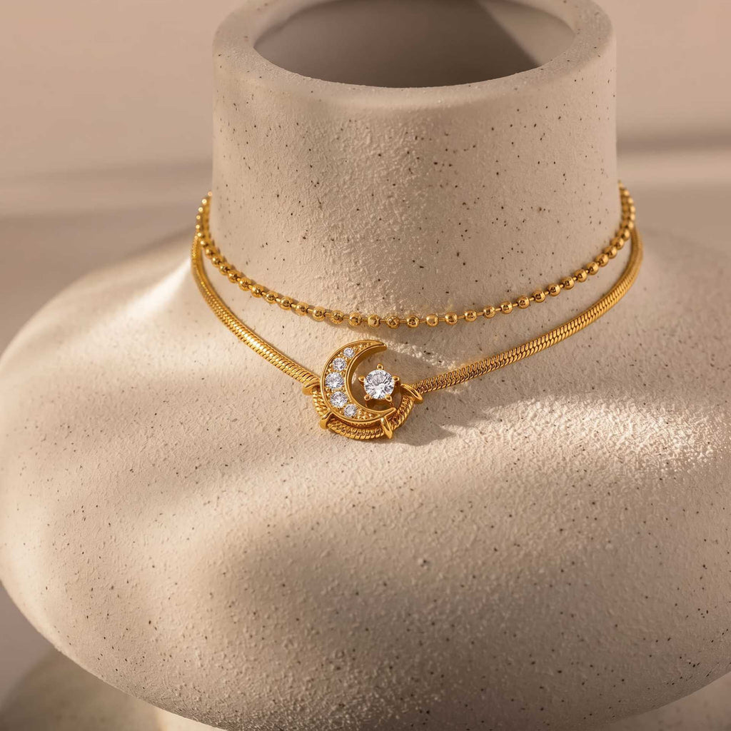 Luxury Layered Crescent & Heart Pendant Necklace | Ball Chain & Snake Chain – Multi-Style Everyday Wear